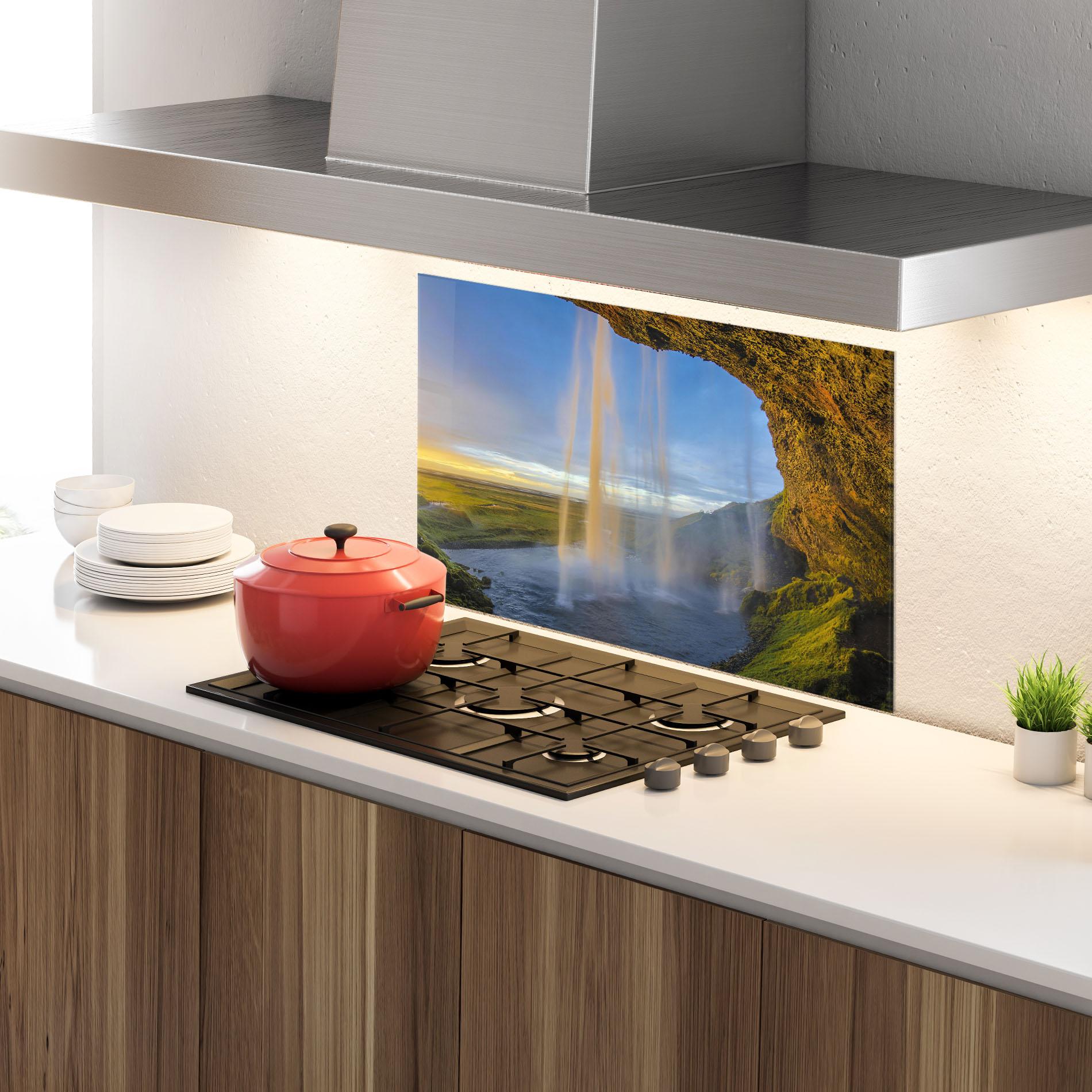 Стъклен панел за кухня Orange Waterfall mockup 4