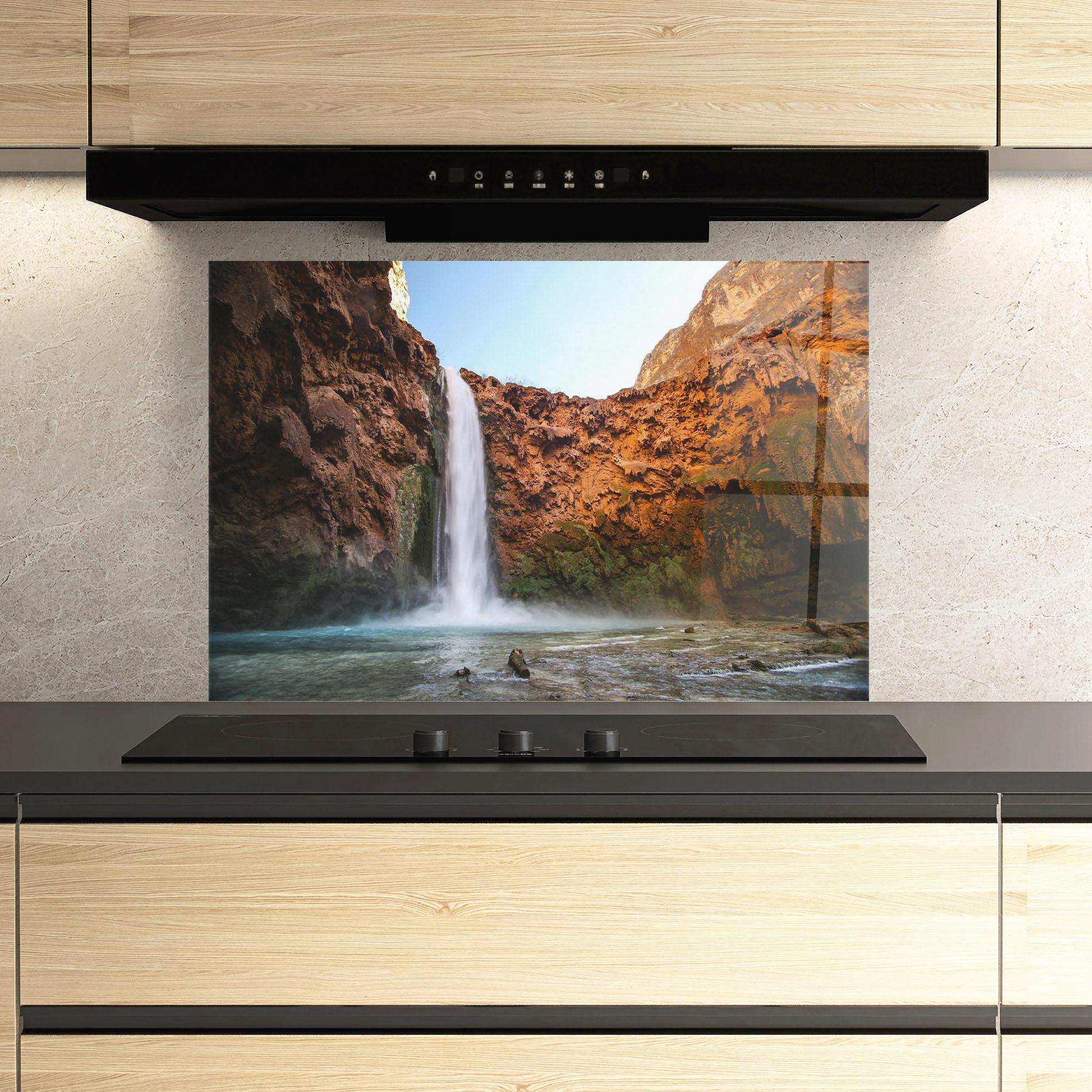 Стъклен панел за кухня Orange Wall Waterfall mockup 3