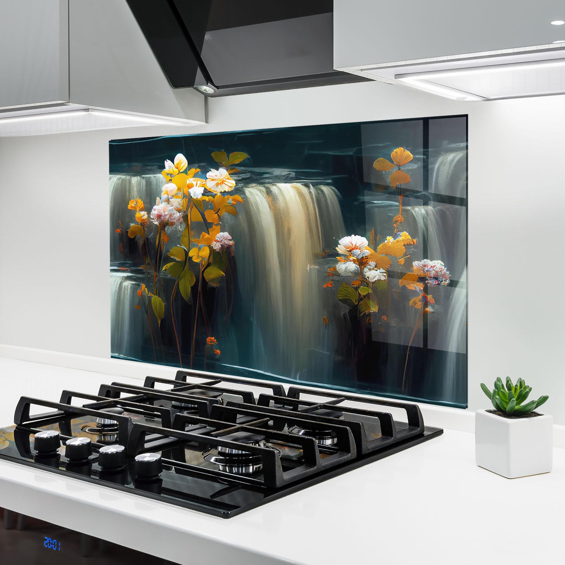 Стъклен панел за кухня Flowers Waterfall mockup 6