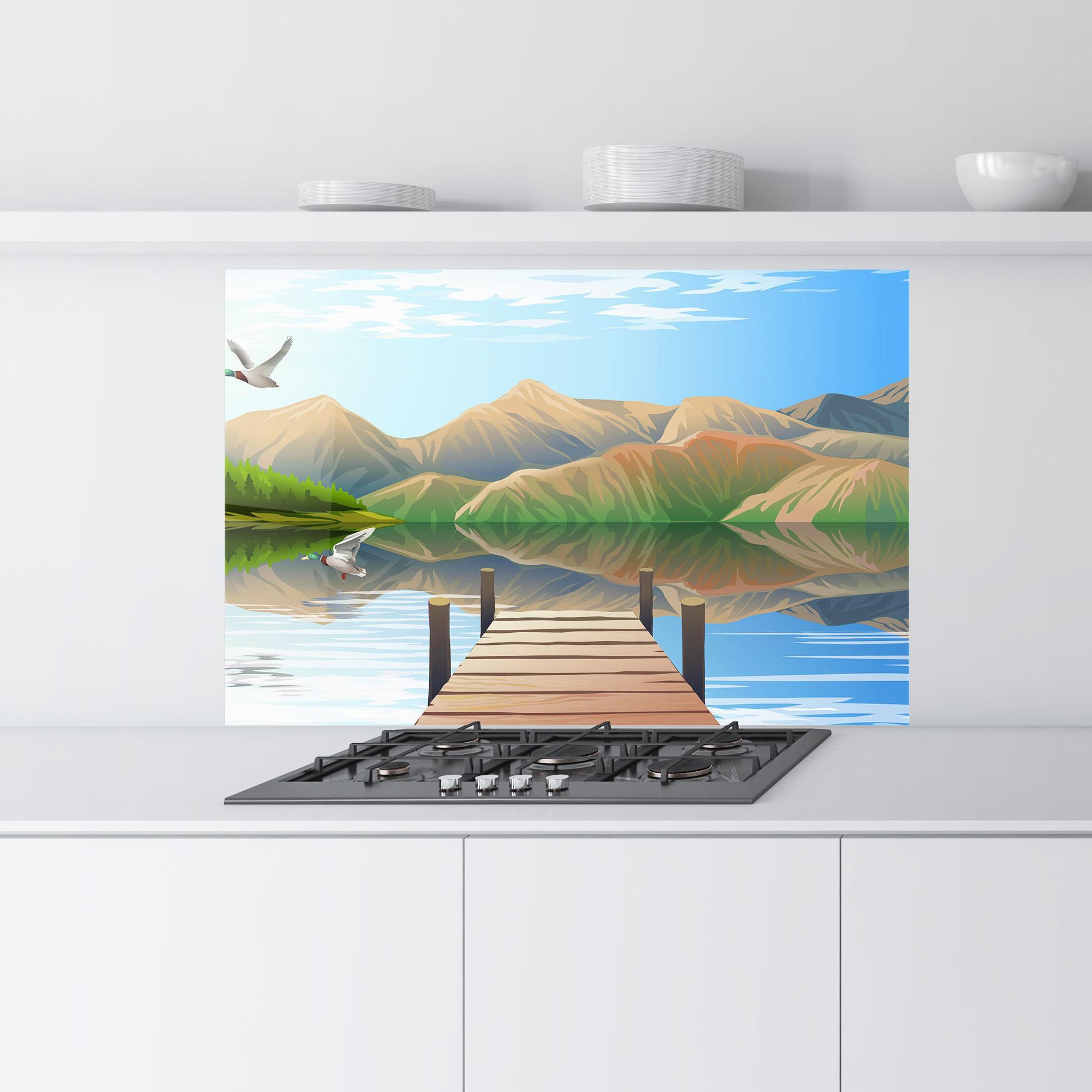 Стъклен панел за кухня Morning Lake mockup 9