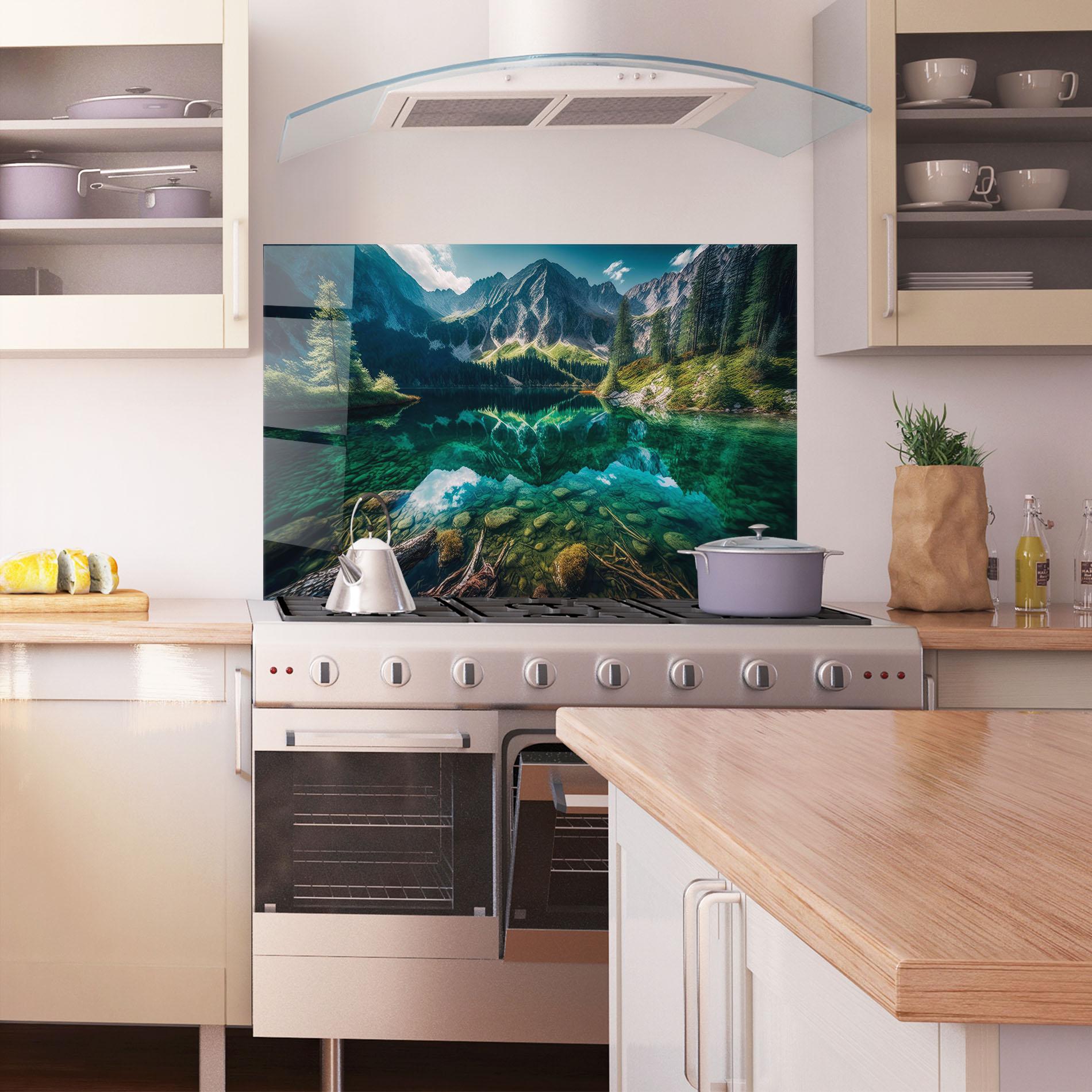 Стъклен панел за кухня Beautiful Lake Mountain mockup 1