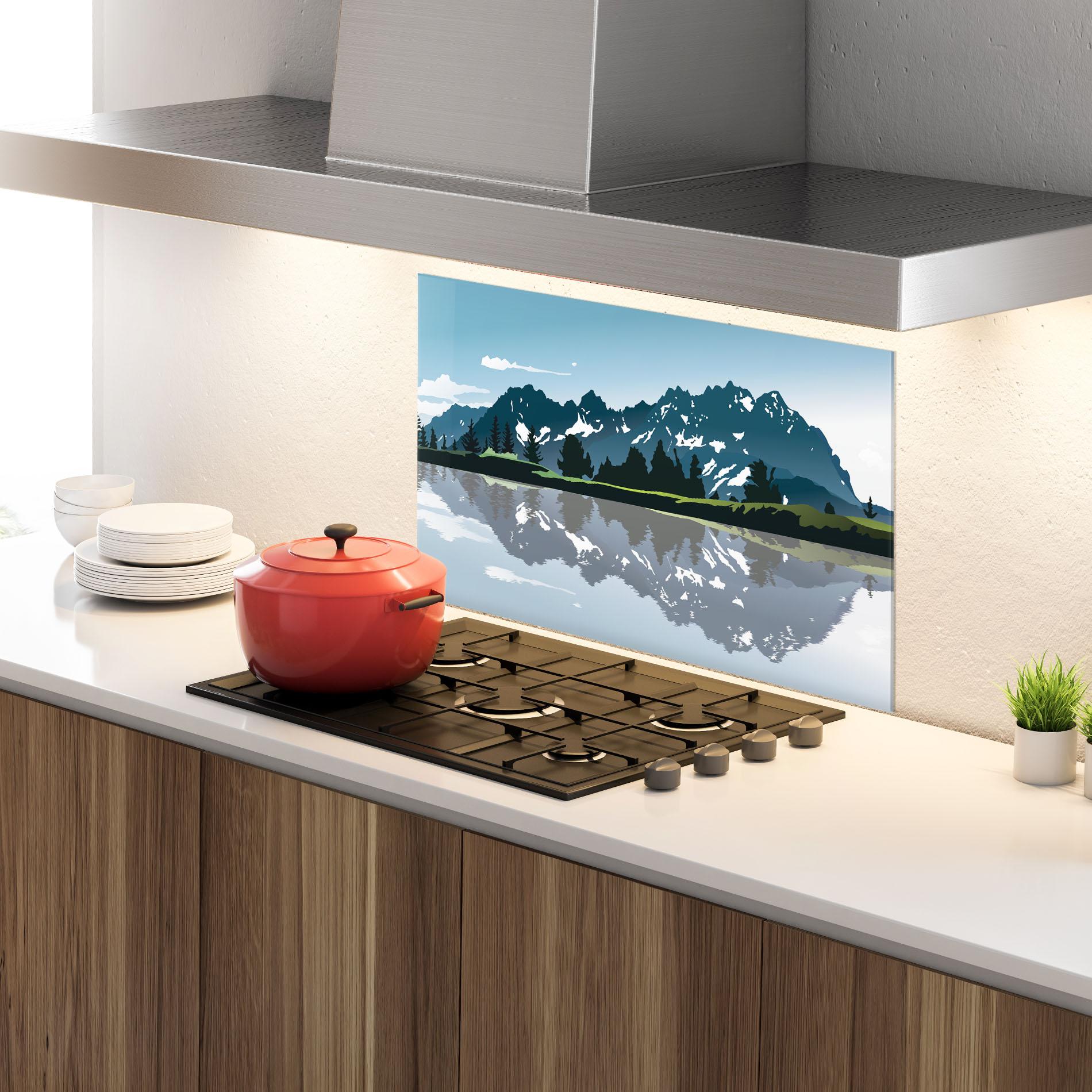 Стъклен панел за кухня Lake Blue Mountain mockup 4