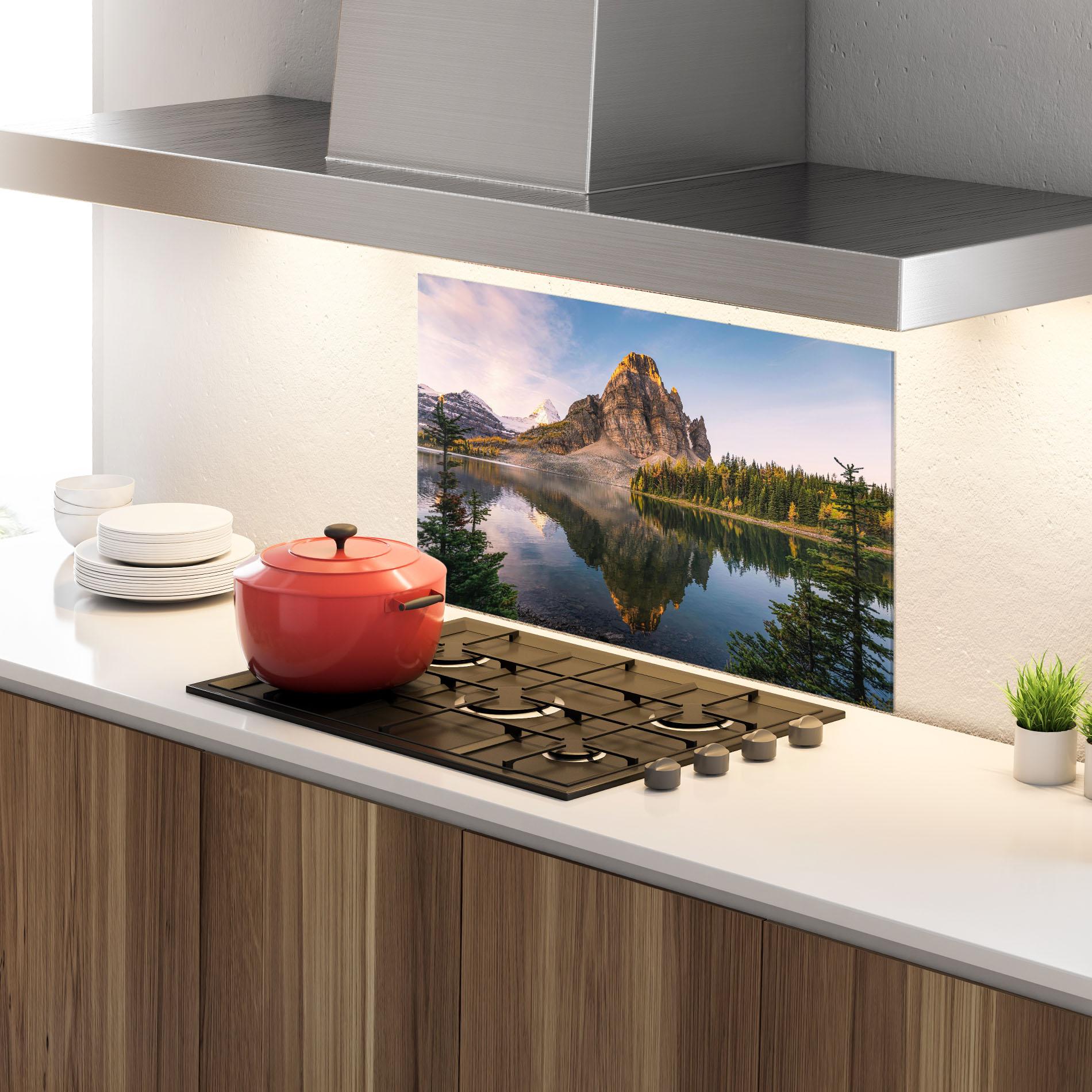 Стъклен панел за кухня Mountain Sunrise Lake mockup 4