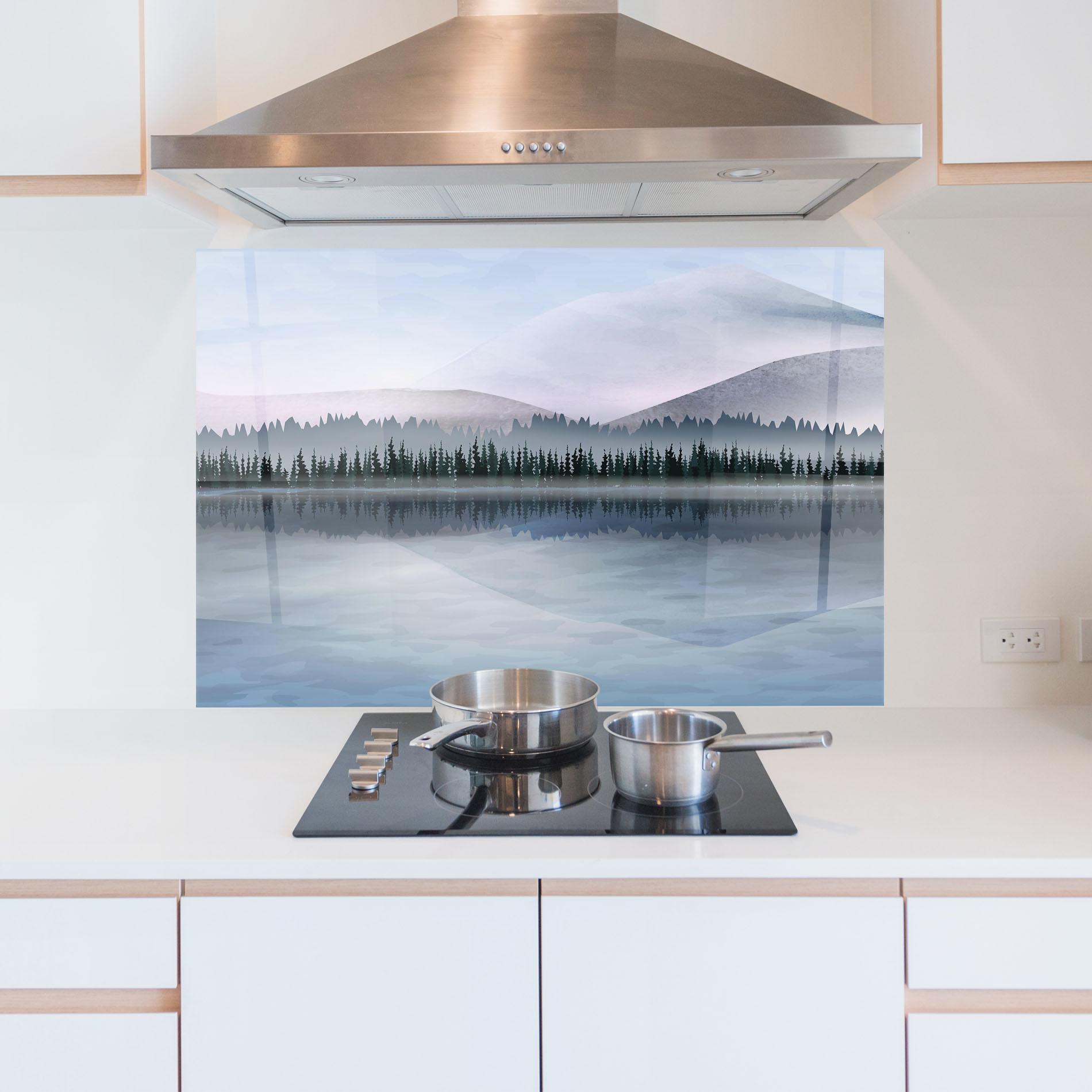 Стъклен панел за кухня Grey Lake Trees mockup 5