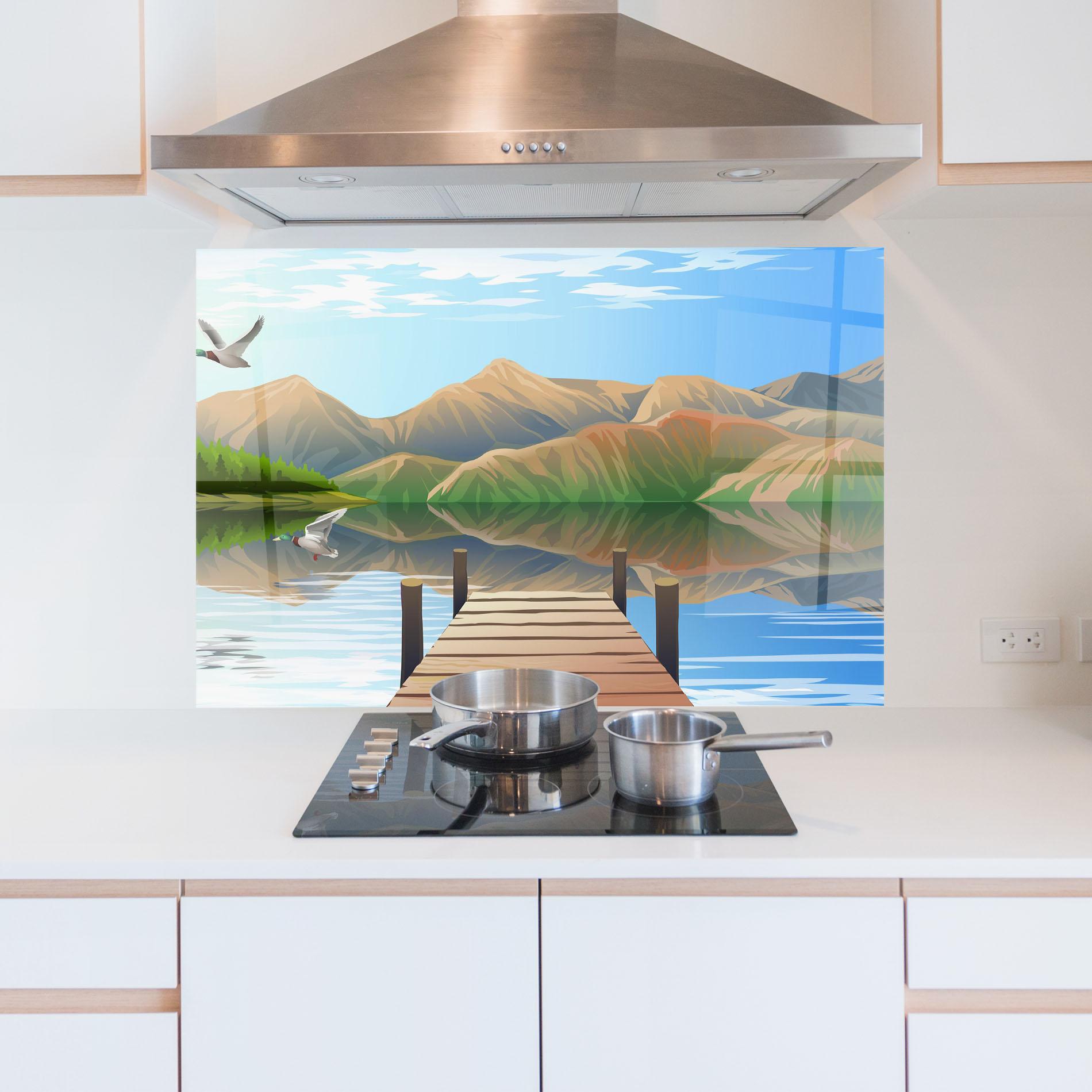 Стъклен панел за кухня Morning Lake mockup 5