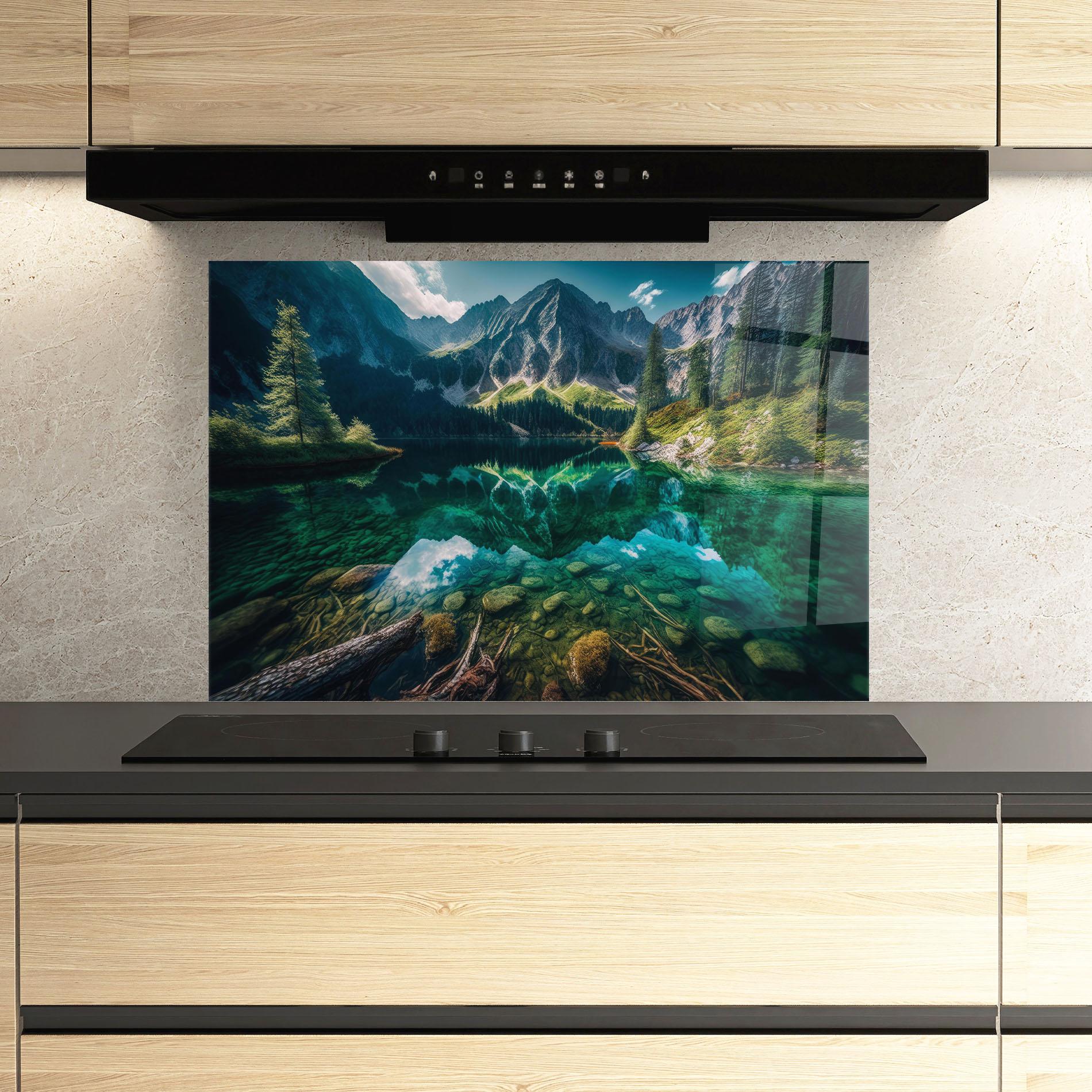 Стъклен панел за кухня Beautiful Lake Mountain mockup 3