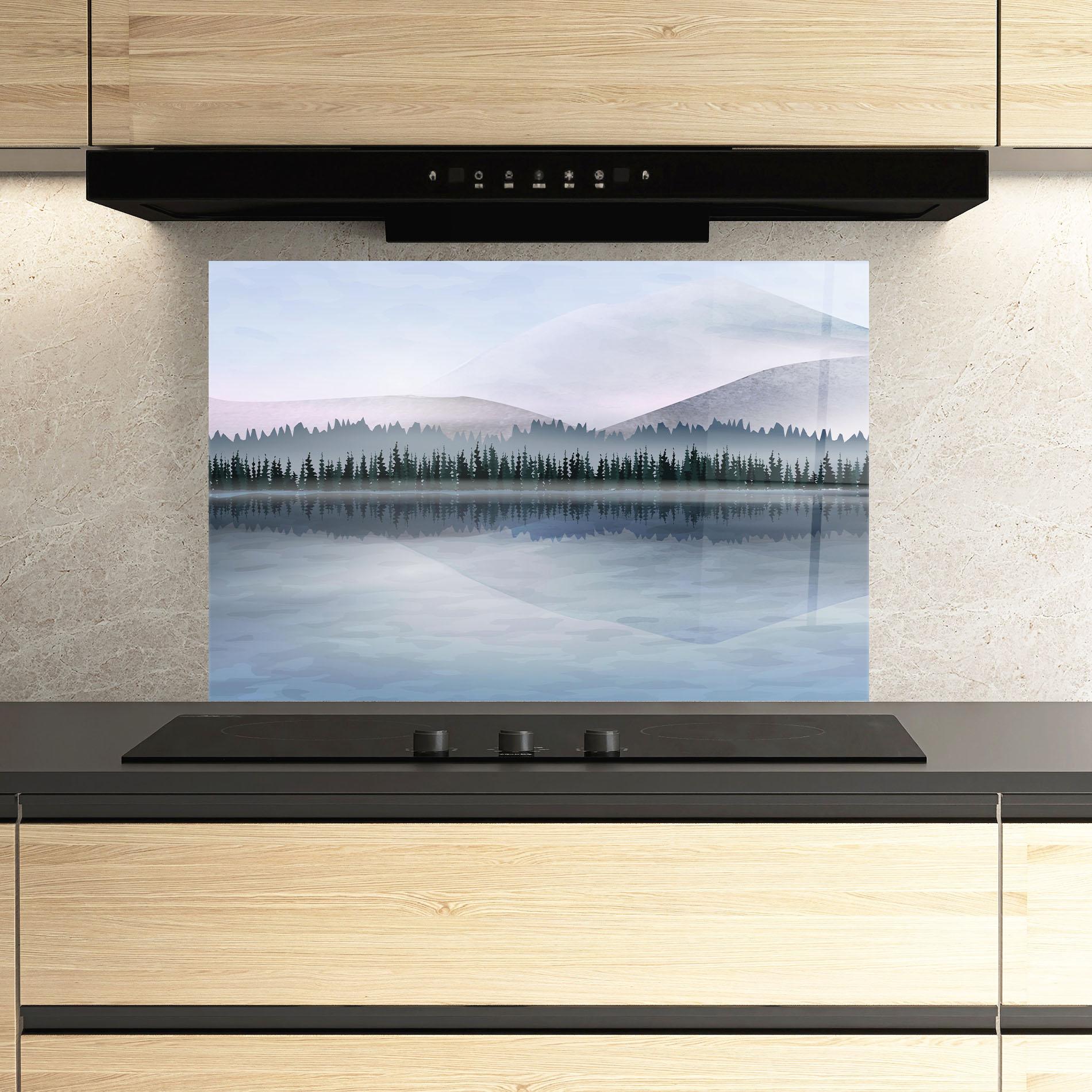 Стъклен панел за кухня Grey Lake Trees mockup 3