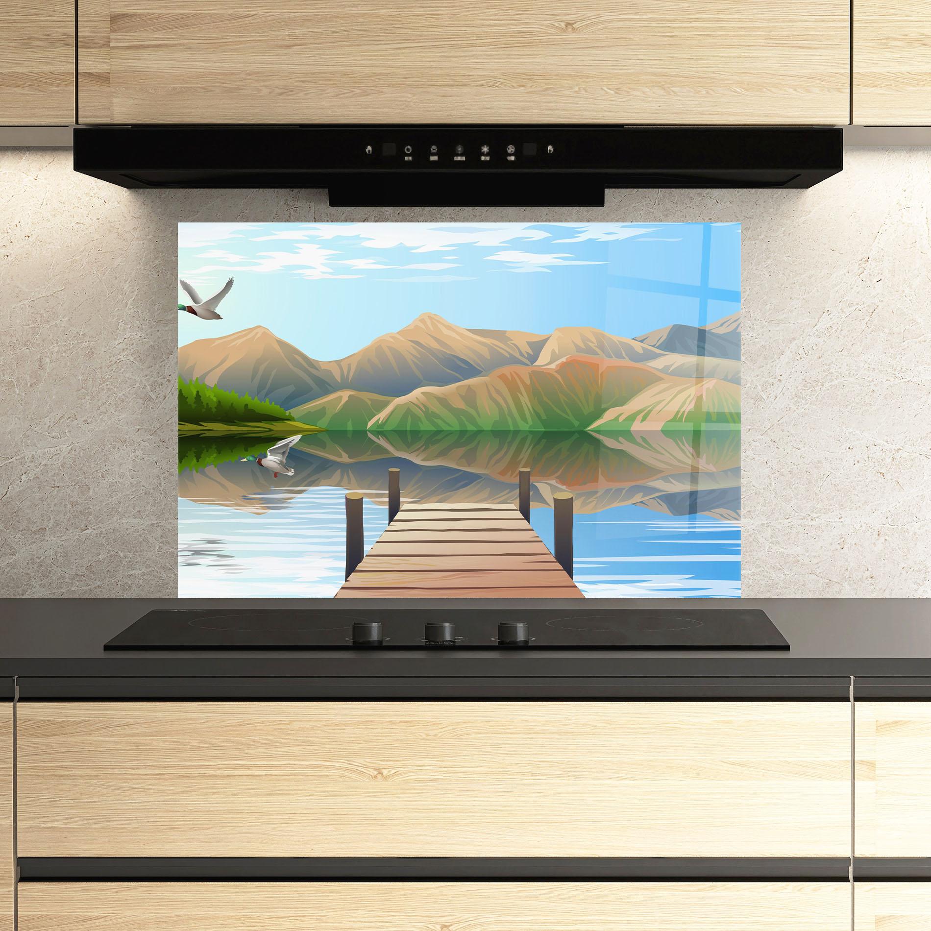 Стъклен панел за кухня Morning Lake mockup 3