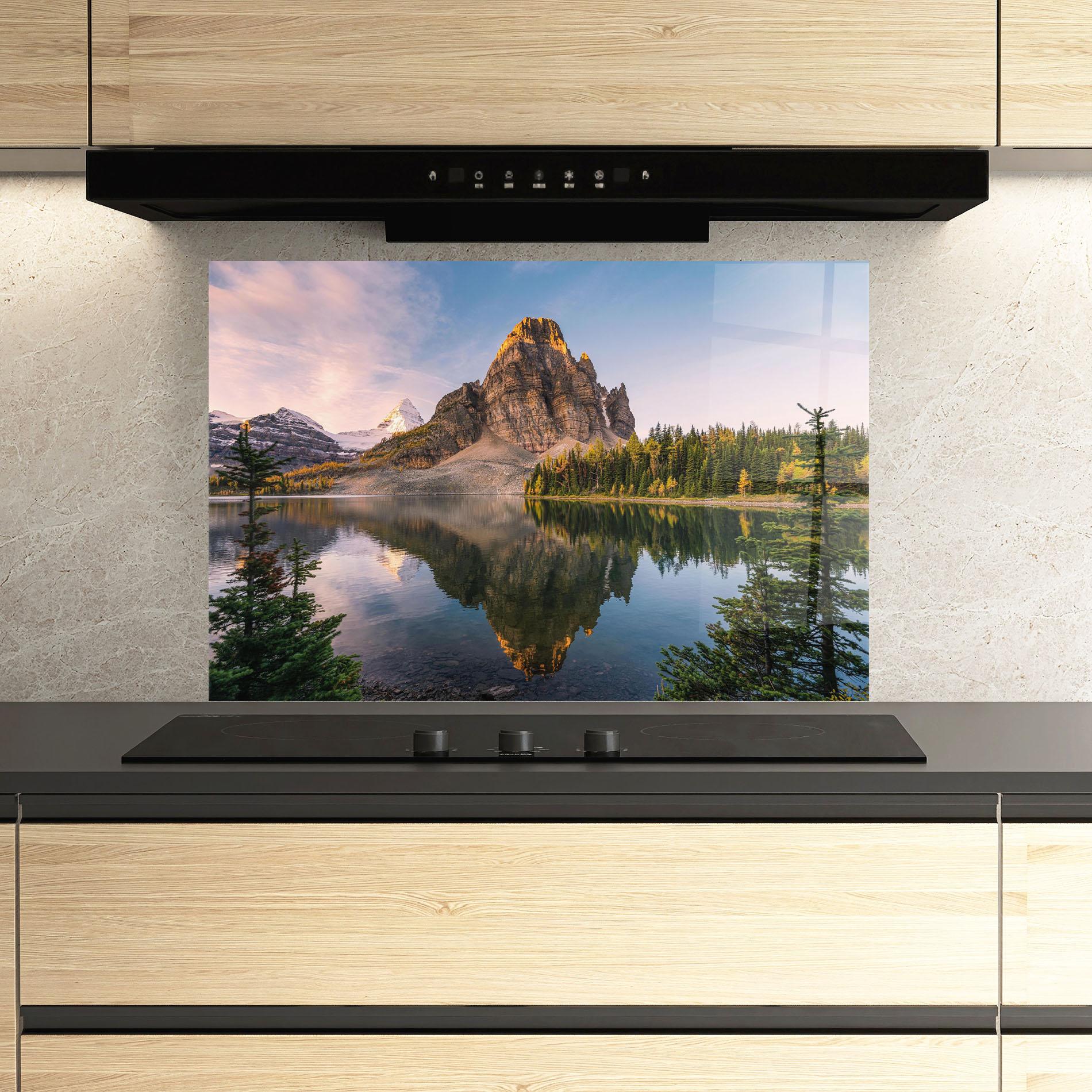 Стъклен панел за кухня Mountain Sunrise Lake mockup 3