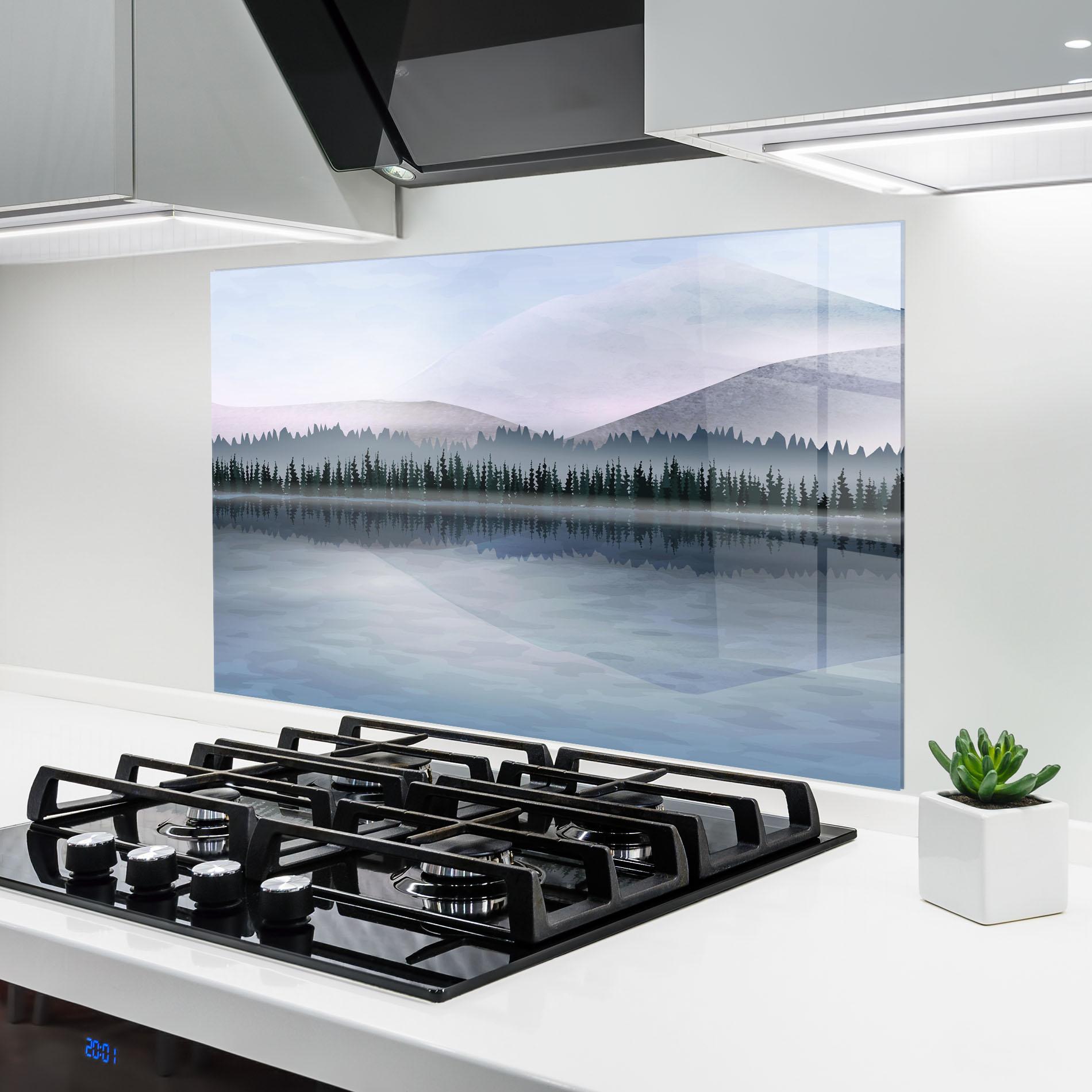Стъклен панел за кухня Grey Lake Trees mockup 6