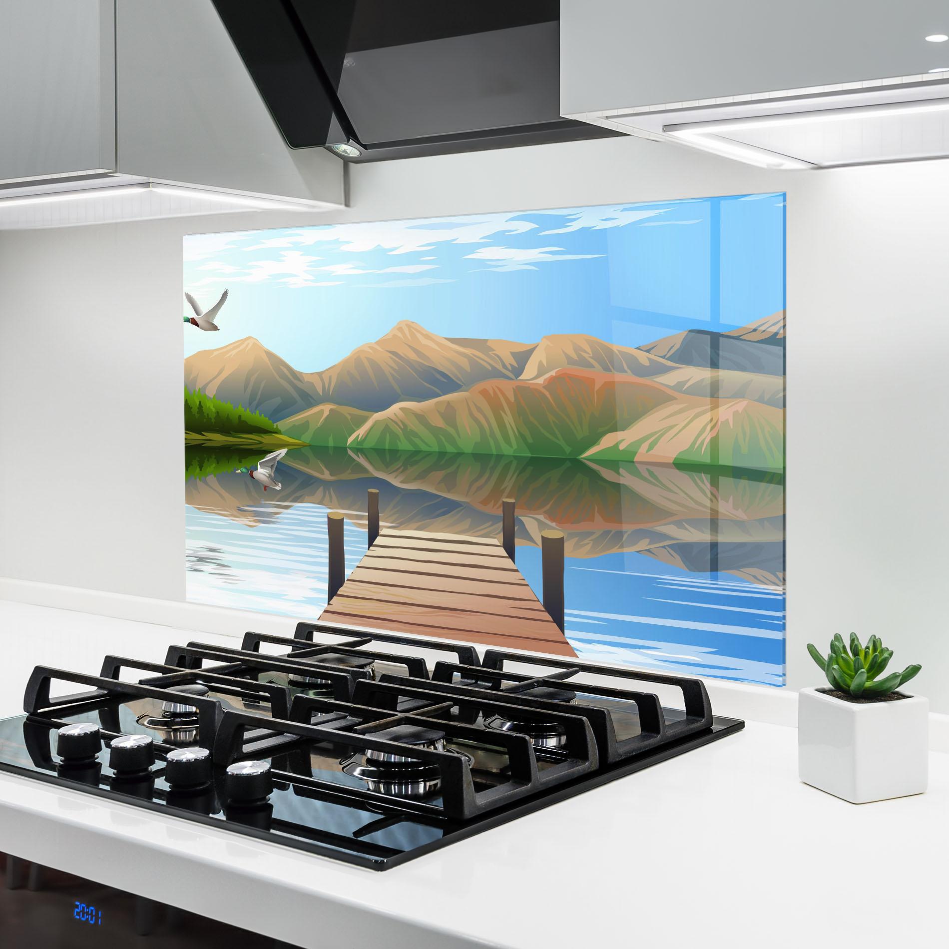 Стъклен панел за кухня Morning Lake mockup 6