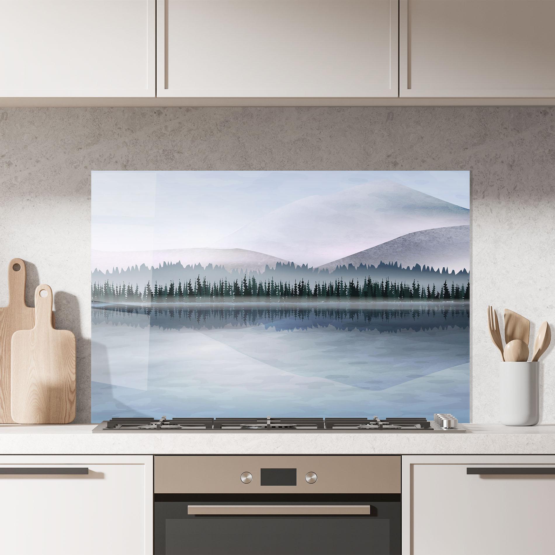 Стъклен панел за кухня Grey Lake Trees mockup 7
