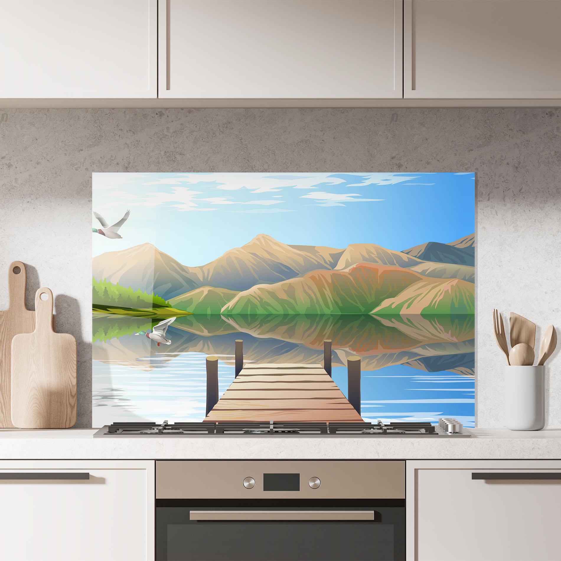 Стъклен панел за кухня Morning Lake mockup 7