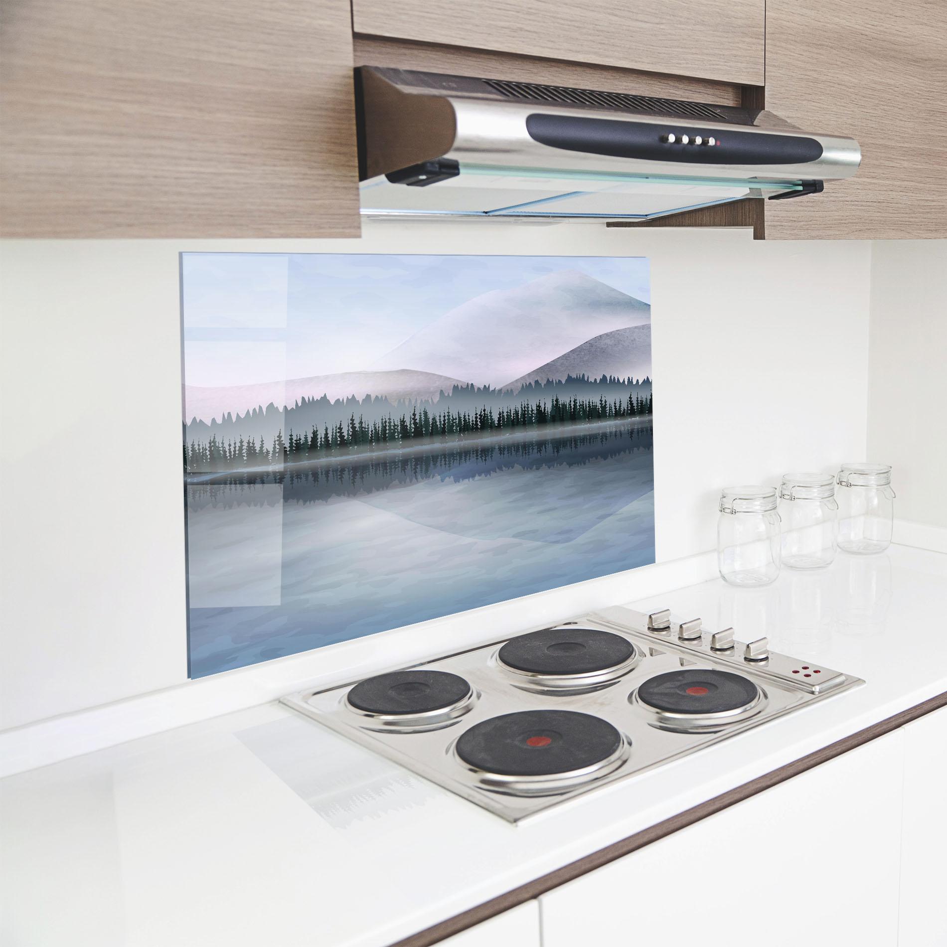 Стъклен панел за кухня Grey Lake Trees mockup 8