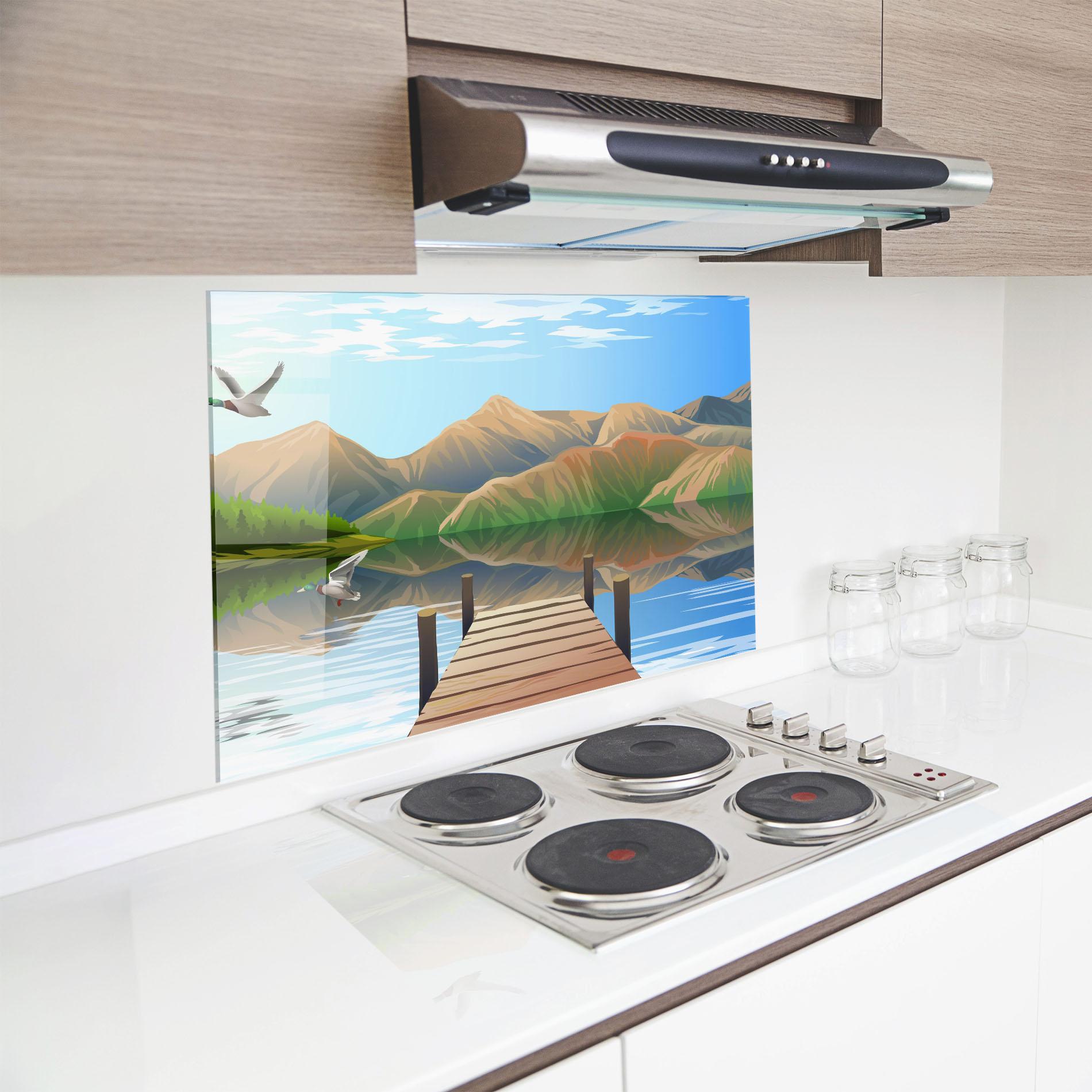 Стъклен панел за кухня Morning Lake mockup 8