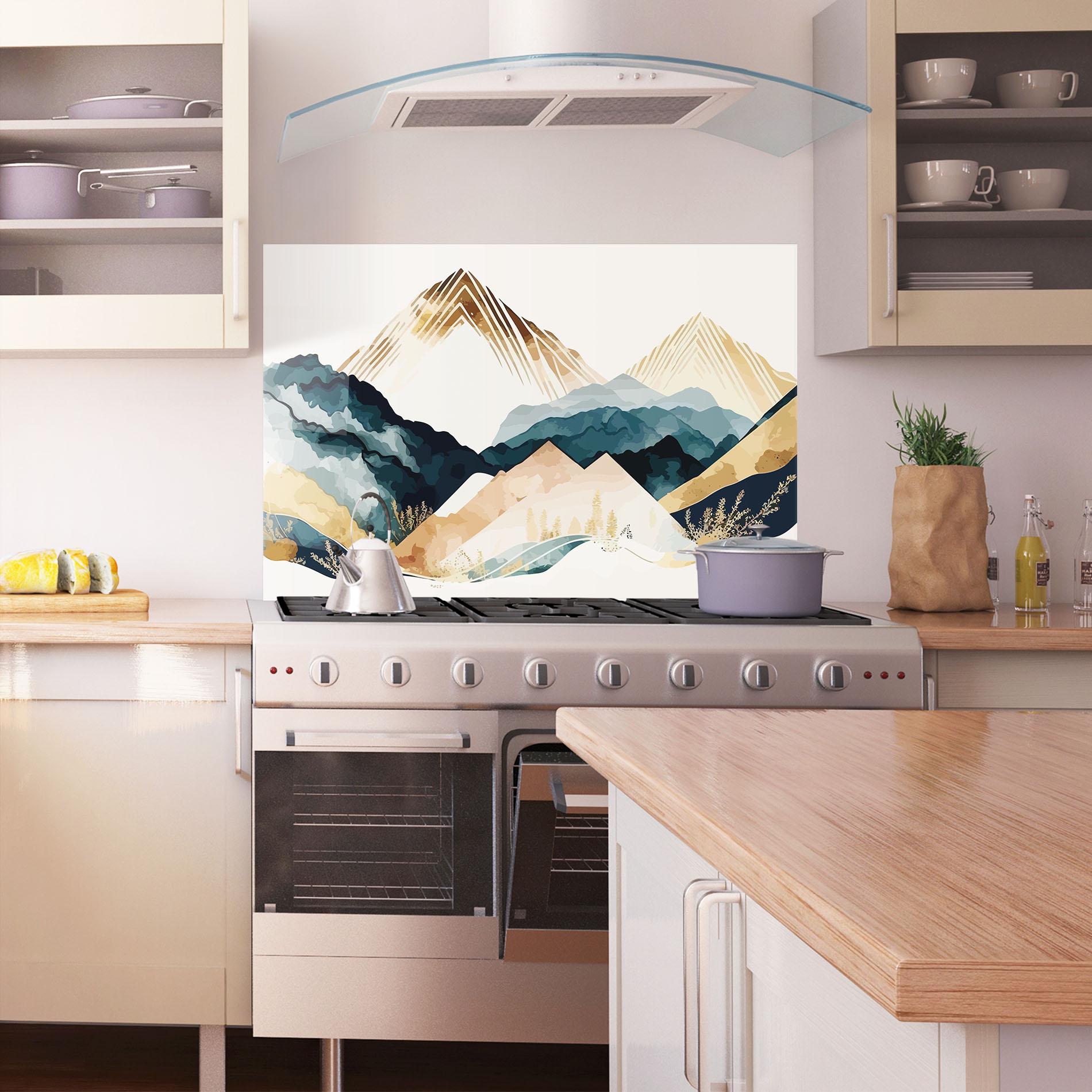 Стъклен панел за кухня Gold Green Mountain mockup 1