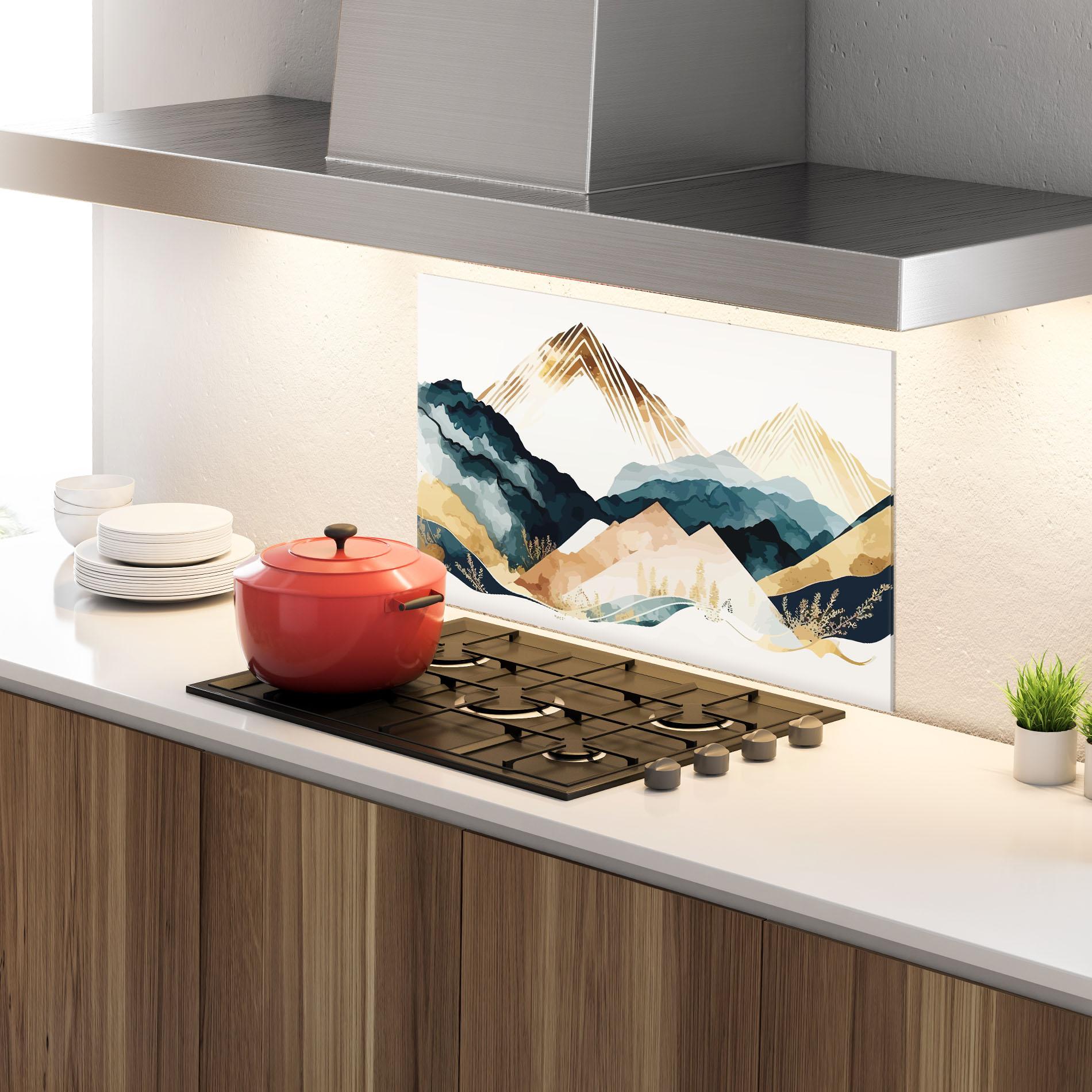 Стъклен панел за кухня Gold Green Mountain mockup 4