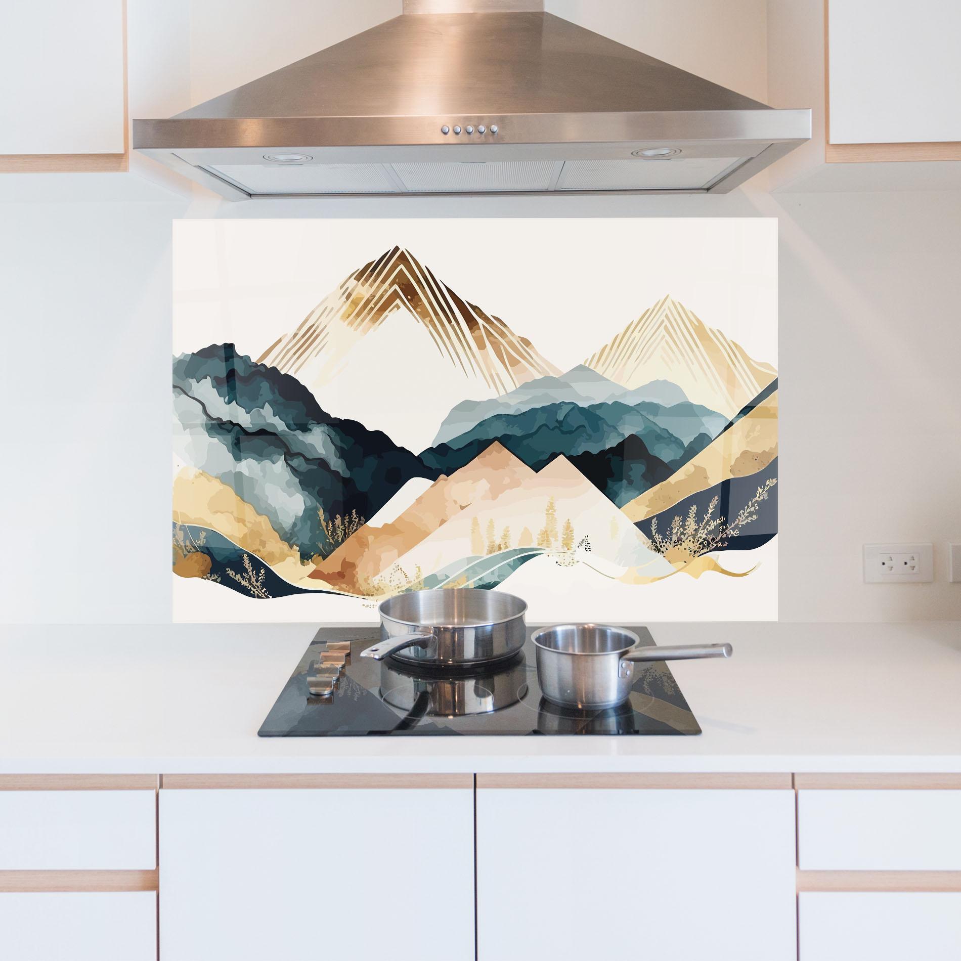 Стъклен панел за кухня Gold Green Mountain mockup 5