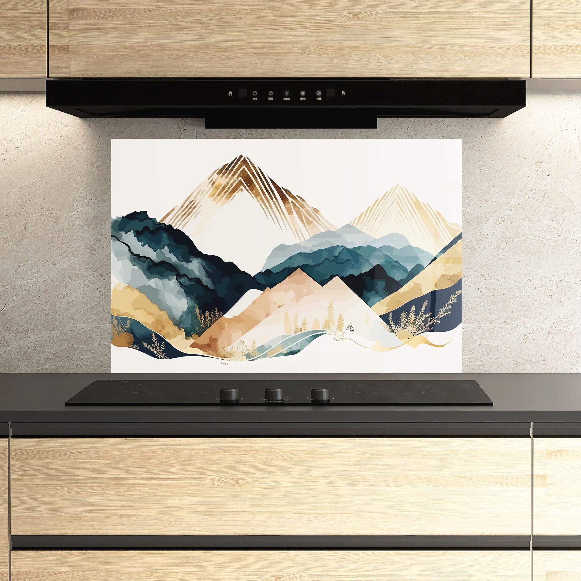 Стъклен панел за кухня Gold Green Mountain mockup 3