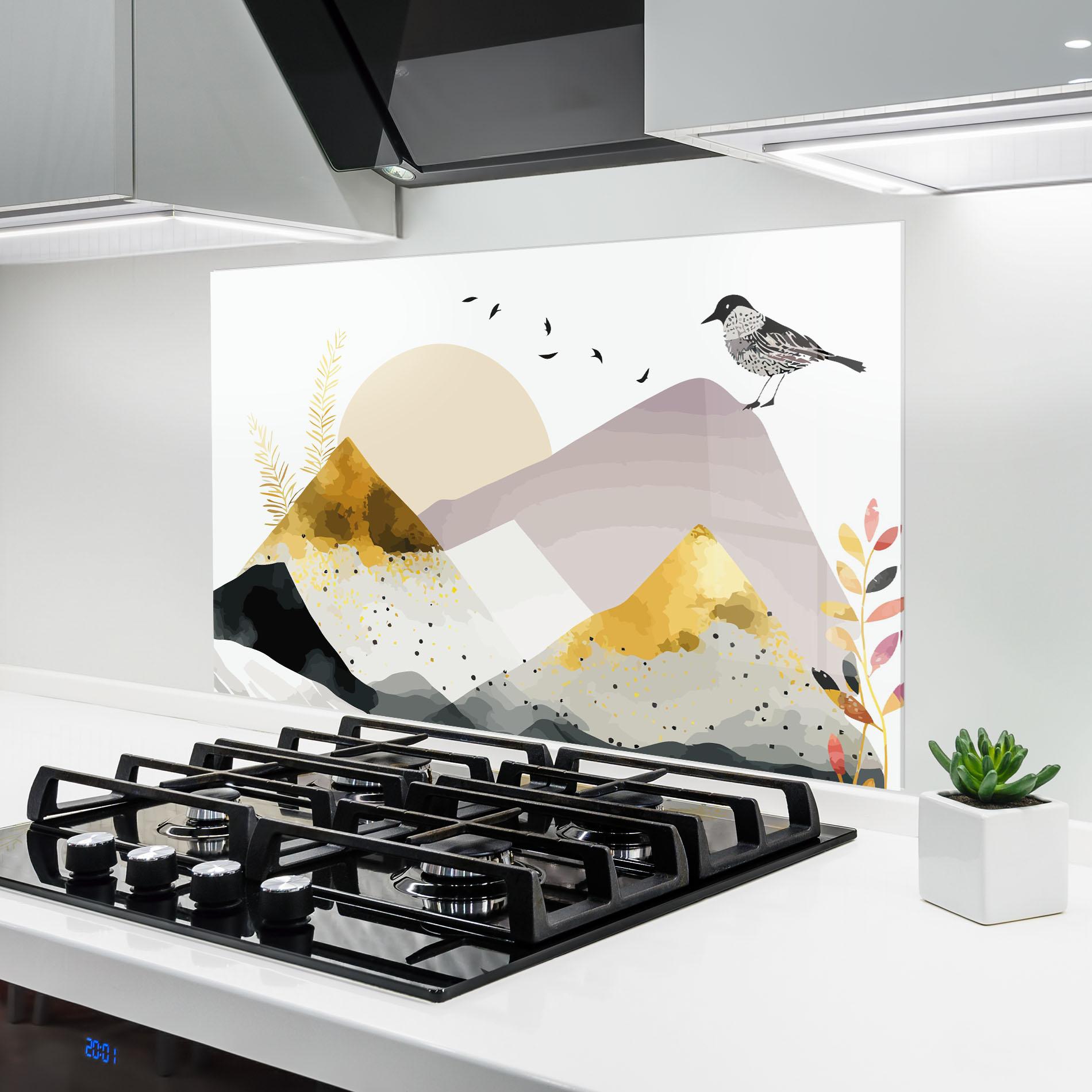 Стъклен панел за кухня Bird Gold Mountain mockup 6