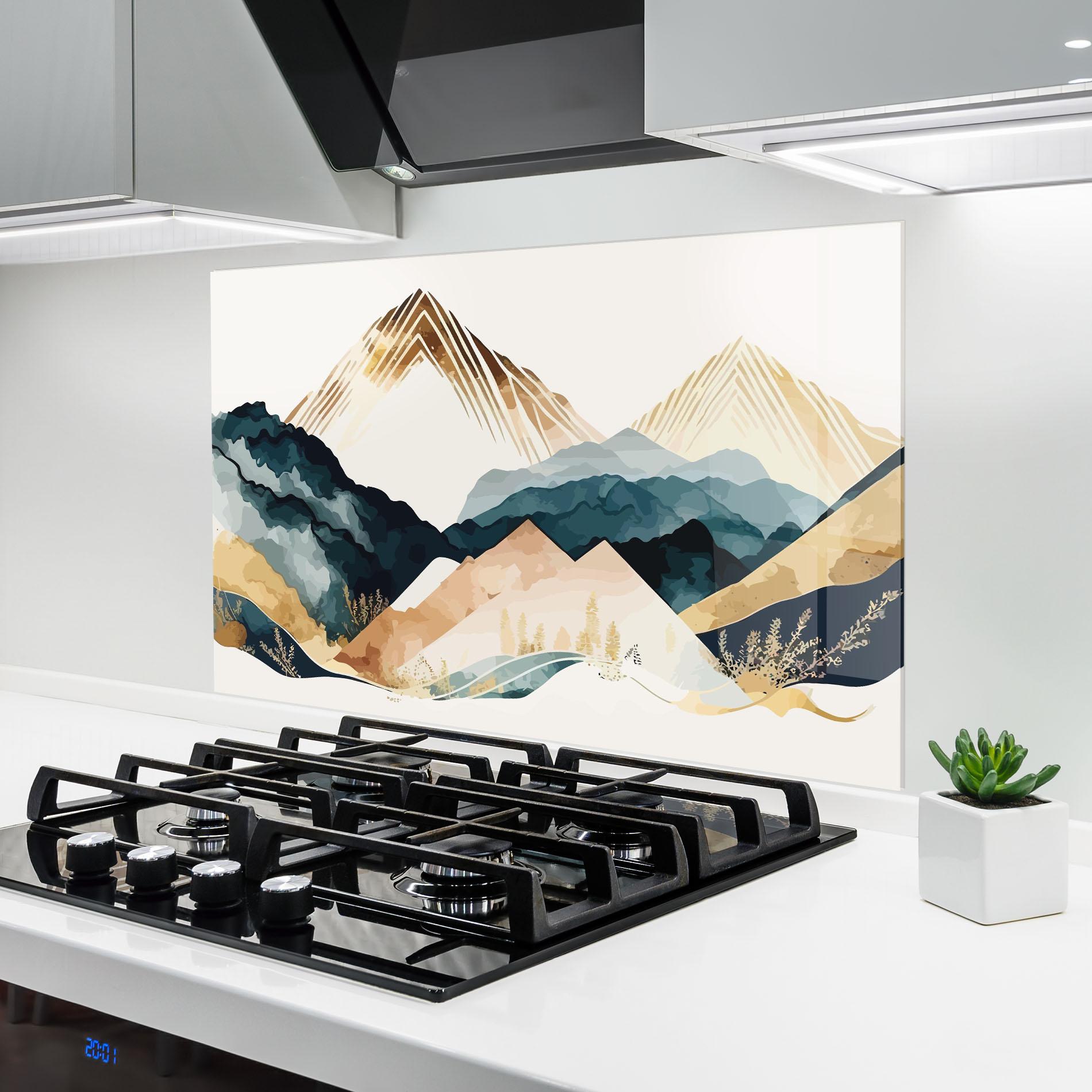 Стъклен панел за кухня Gold Green Mountain mockup 6