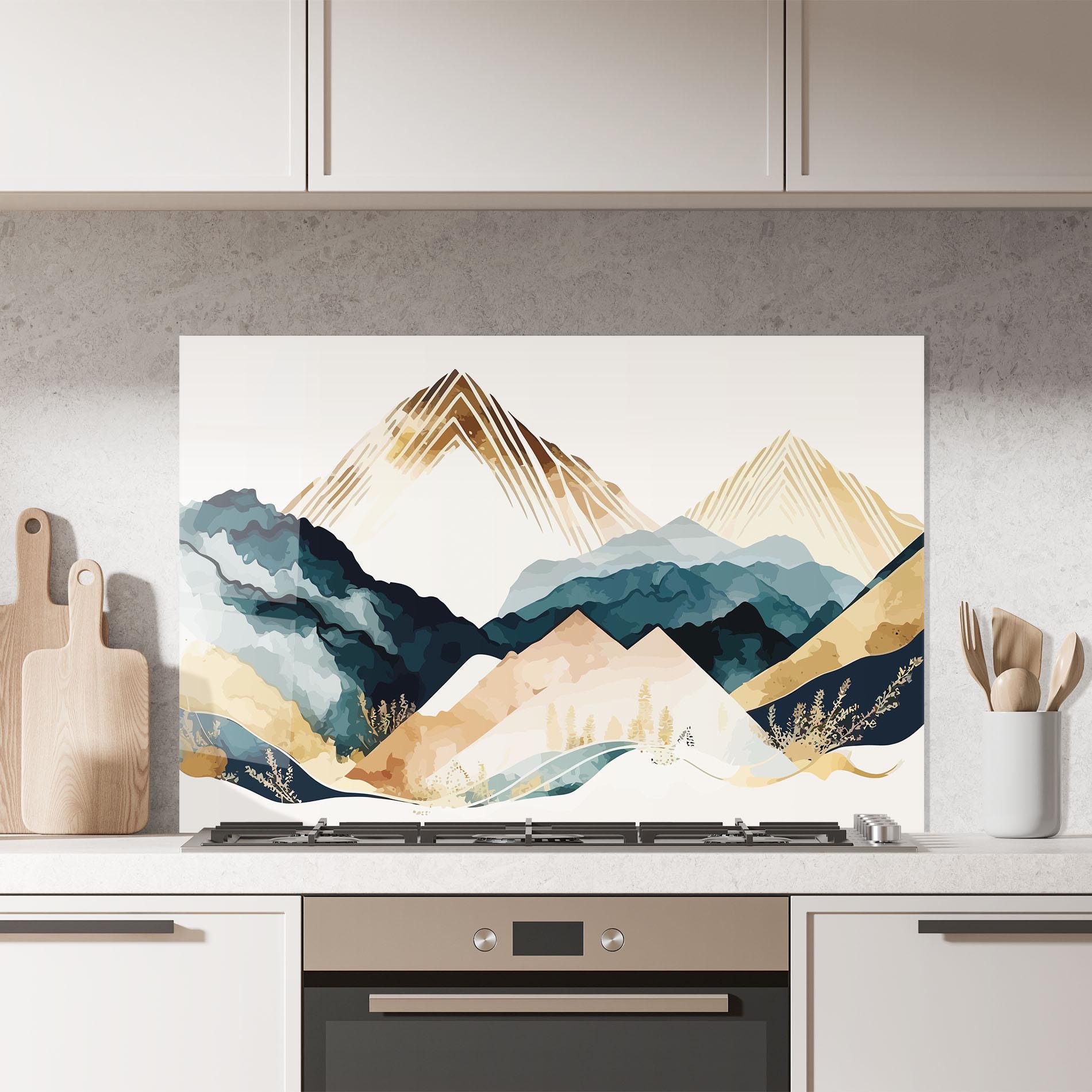 Стъклен панел за кухня Gold Green Mountain mockup 7