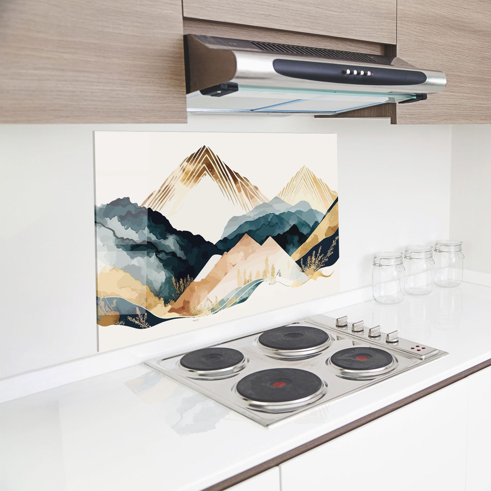 Стъклен панел за кухня Gold Green Mountain mockup 8