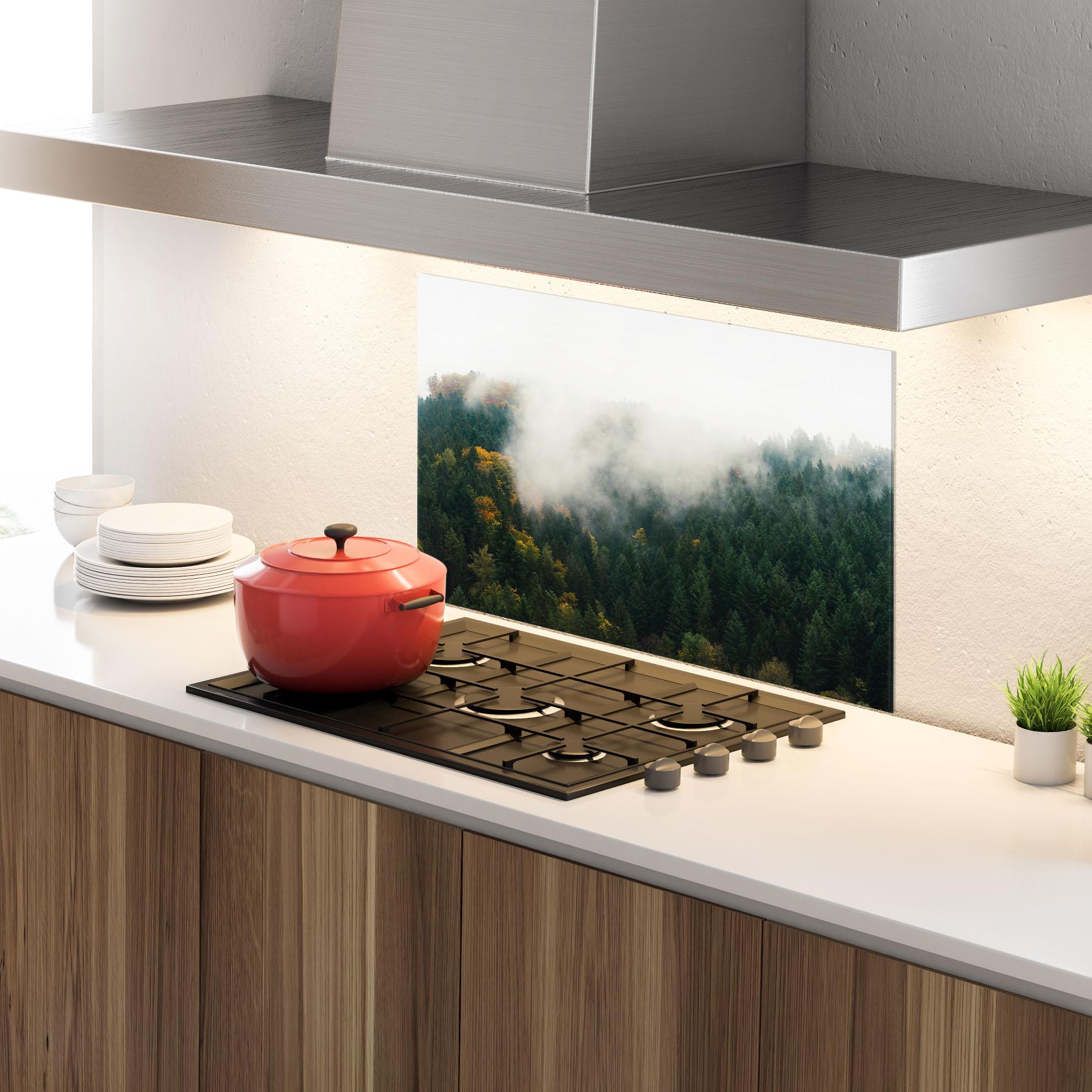 Стъклен панел за кухня Foggy Tree Forest mockup 4