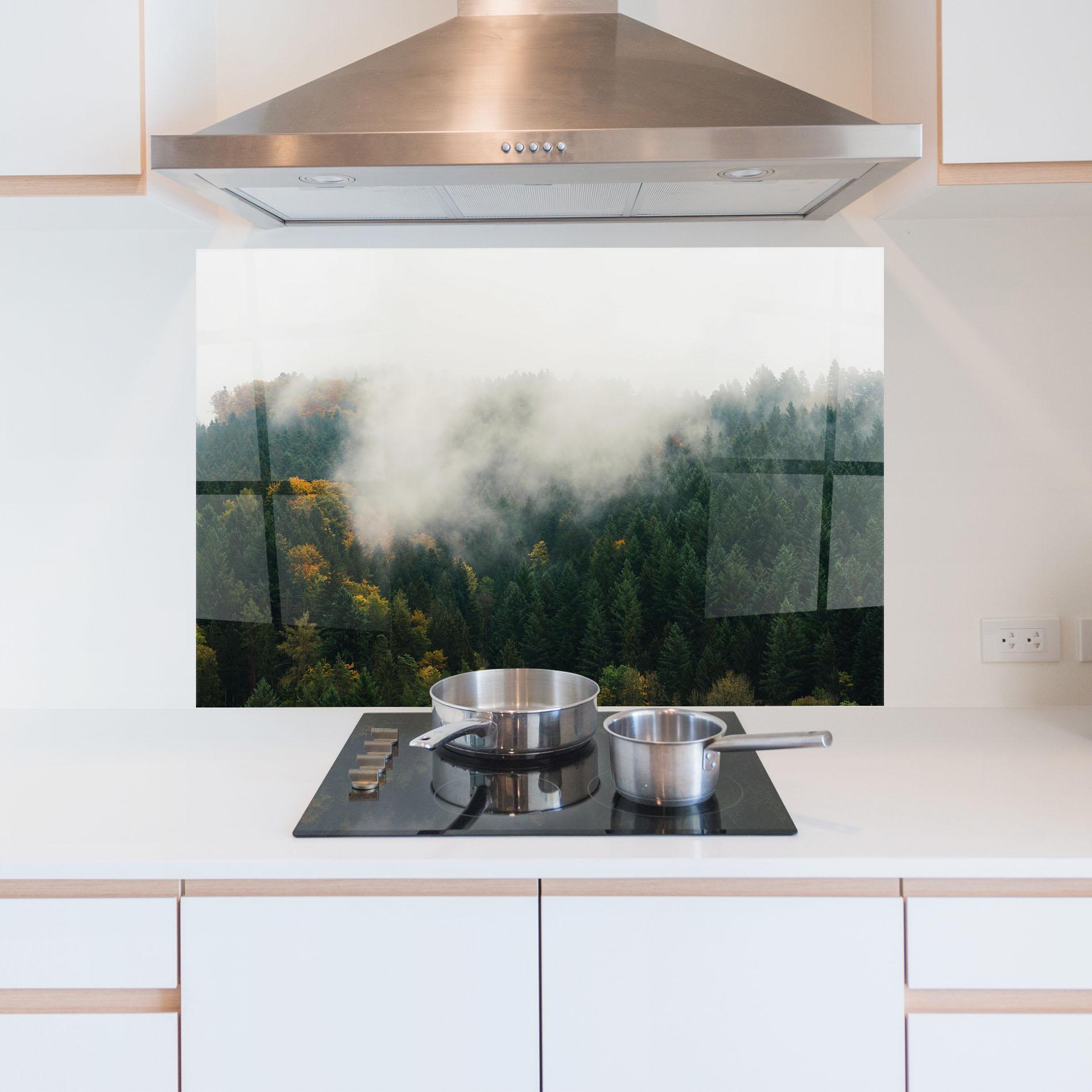 Стъклен панел за кухня Foggy Tree Forest mockup 5