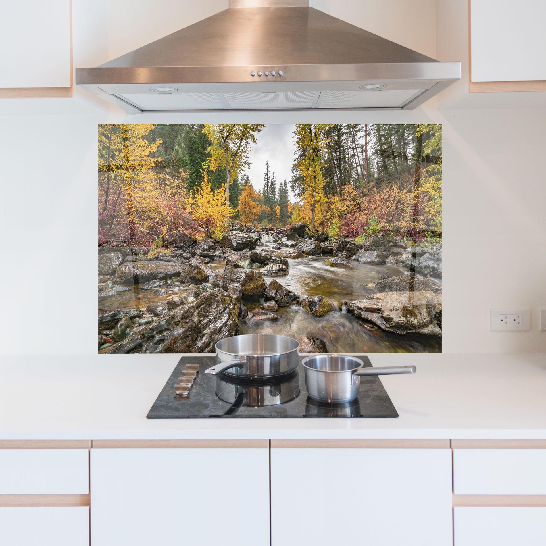 Стъклен панел за кухня Forest Lake Rocks mockup 5