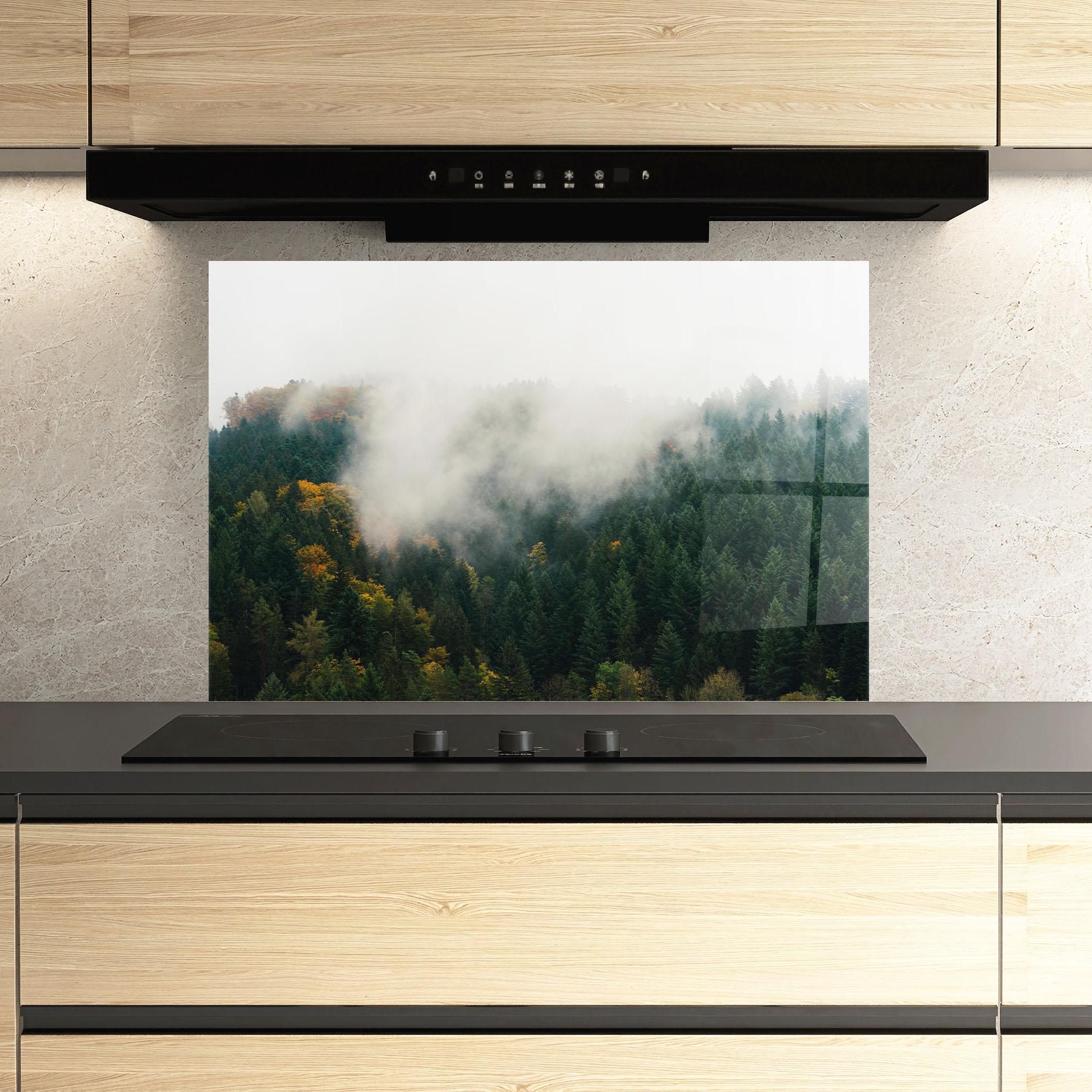 Стъклен панел за кухня Foggy Tree Forest mockup 3