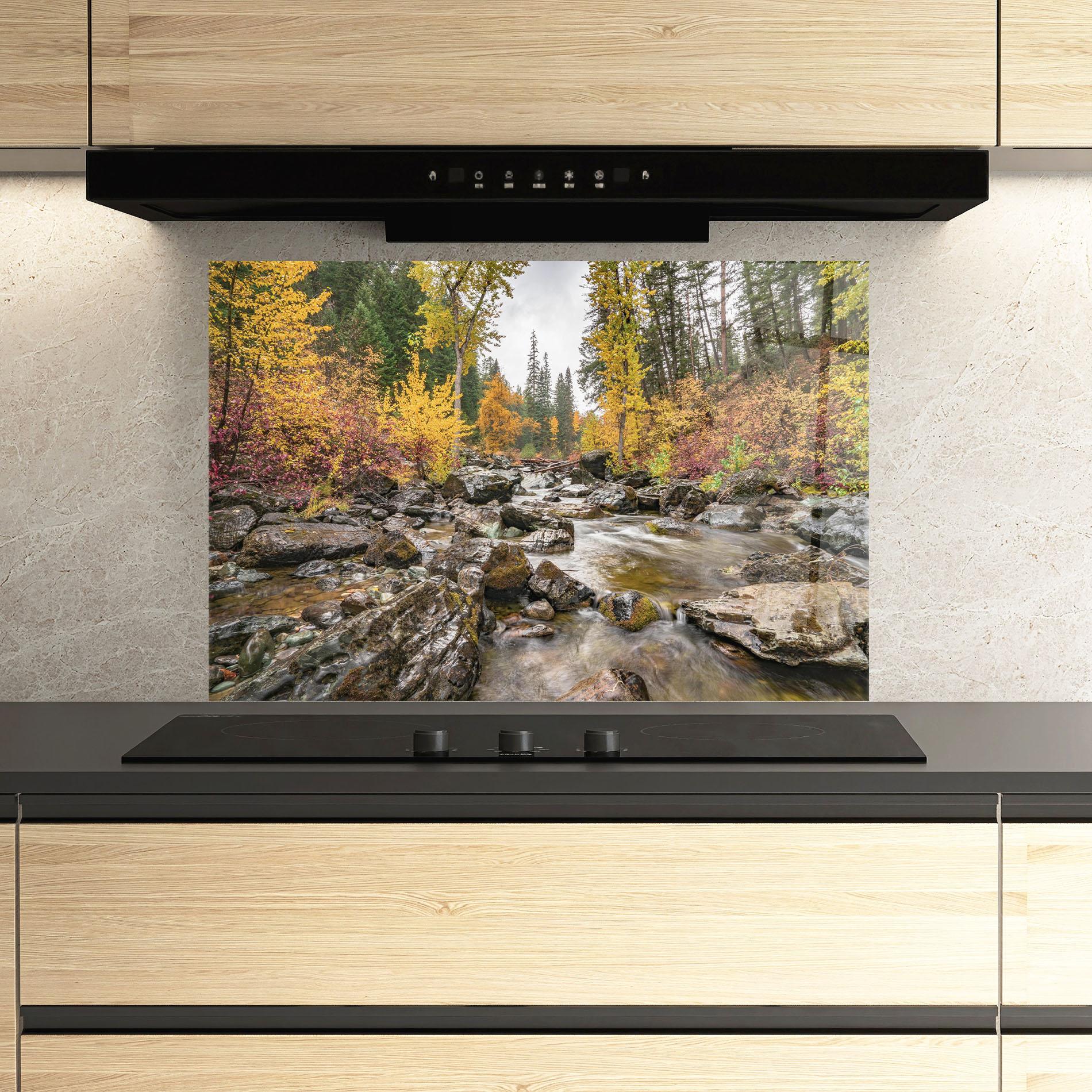 Стъклен панел за кухня Forest Lake Rocks mockup 3