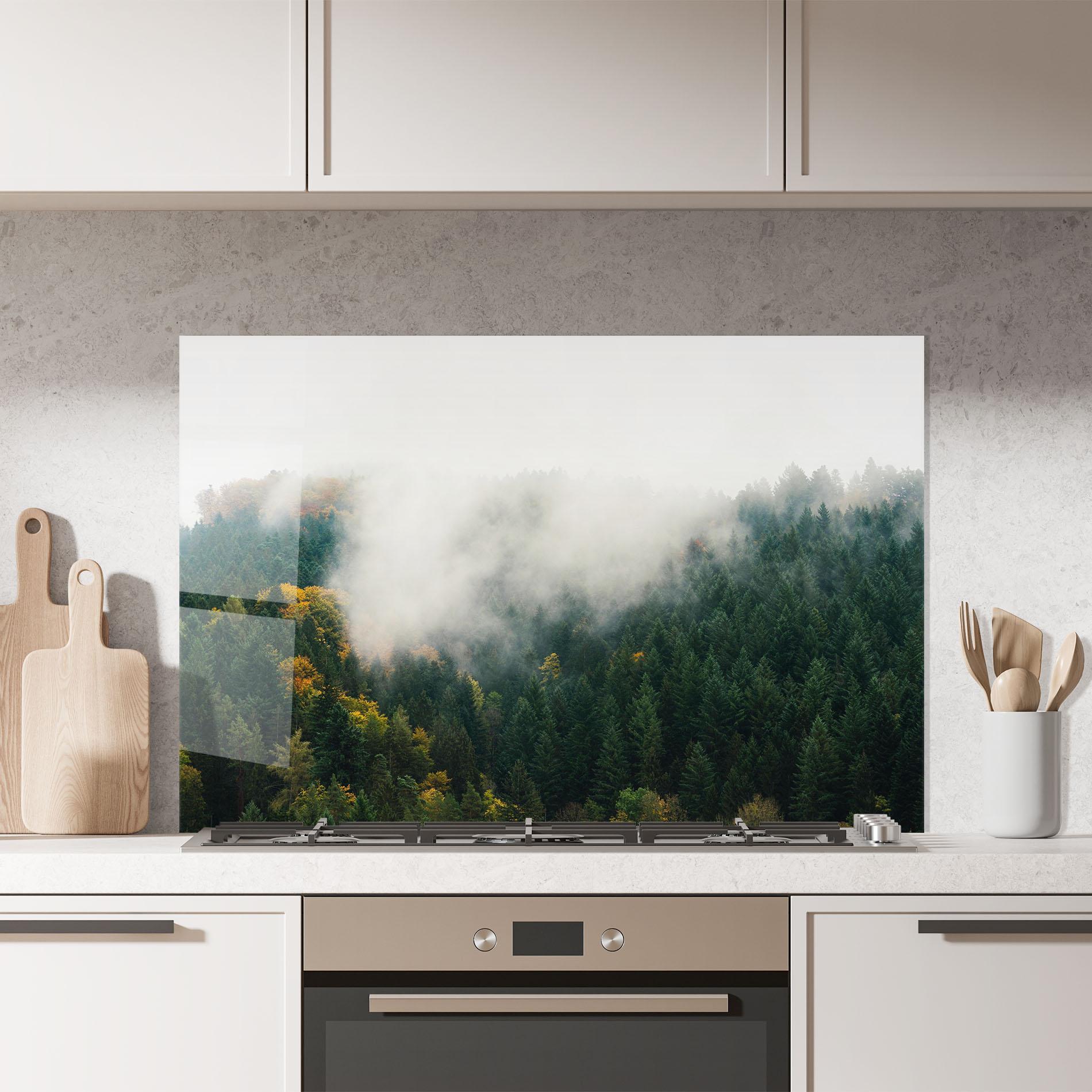 Стъклен панел за кухня Foggy Tree Forest mockup 7