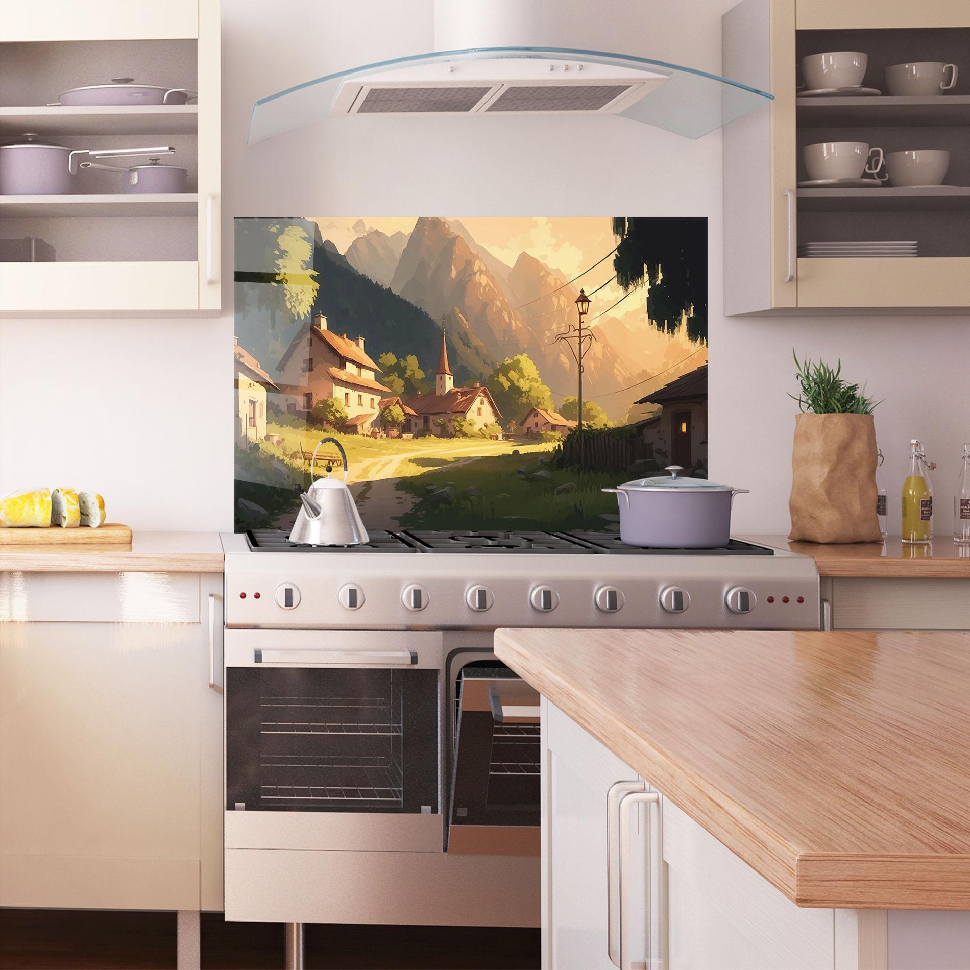 Стъклен панел за кухня Grassy Village View mockup 1