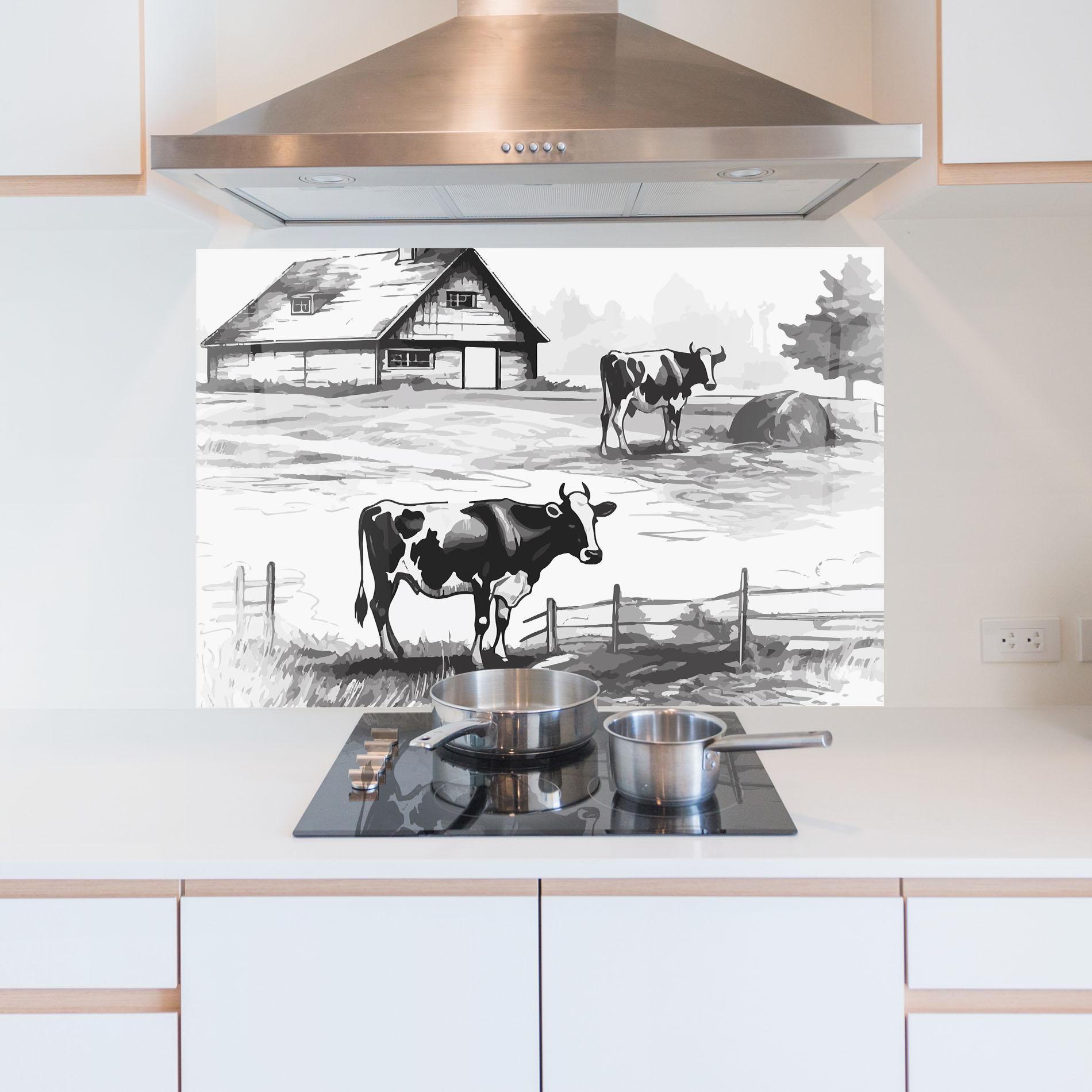 Стъклен панел за кухня Cows Farm Ink mockup 5