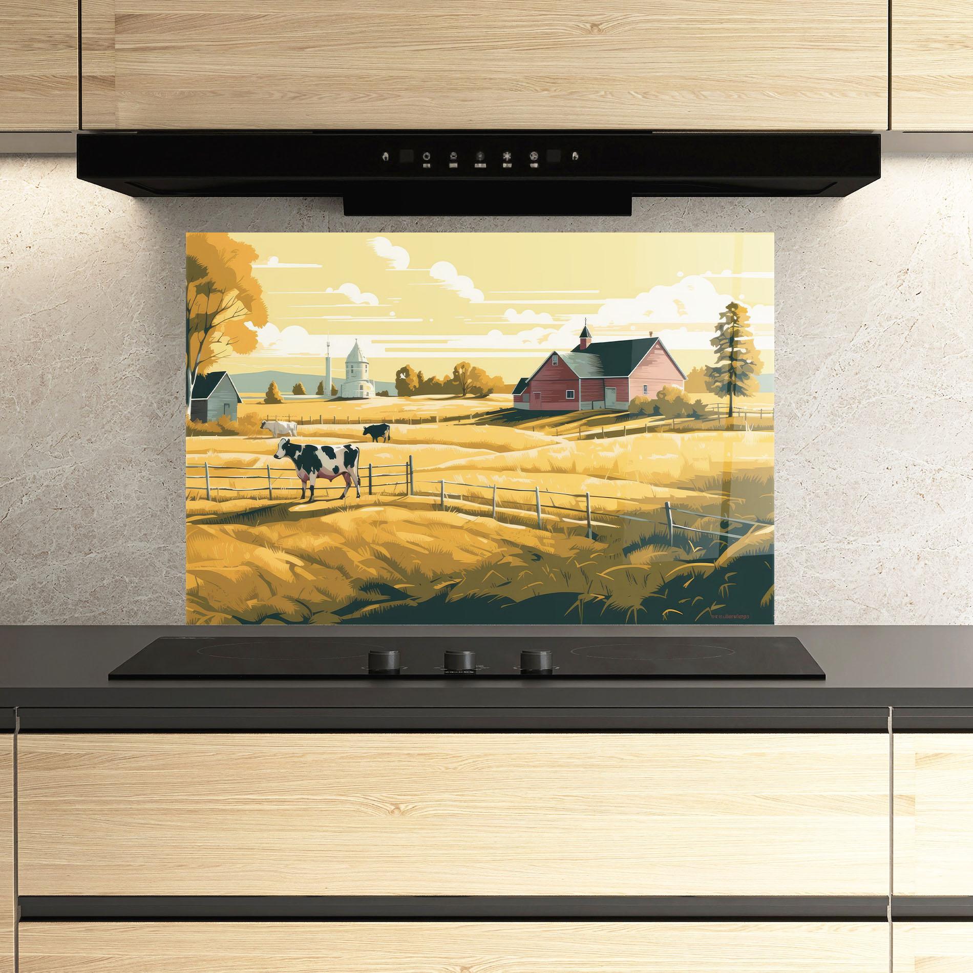 Стъклен панел за кухня Cows Sunlight Farm mockup 3