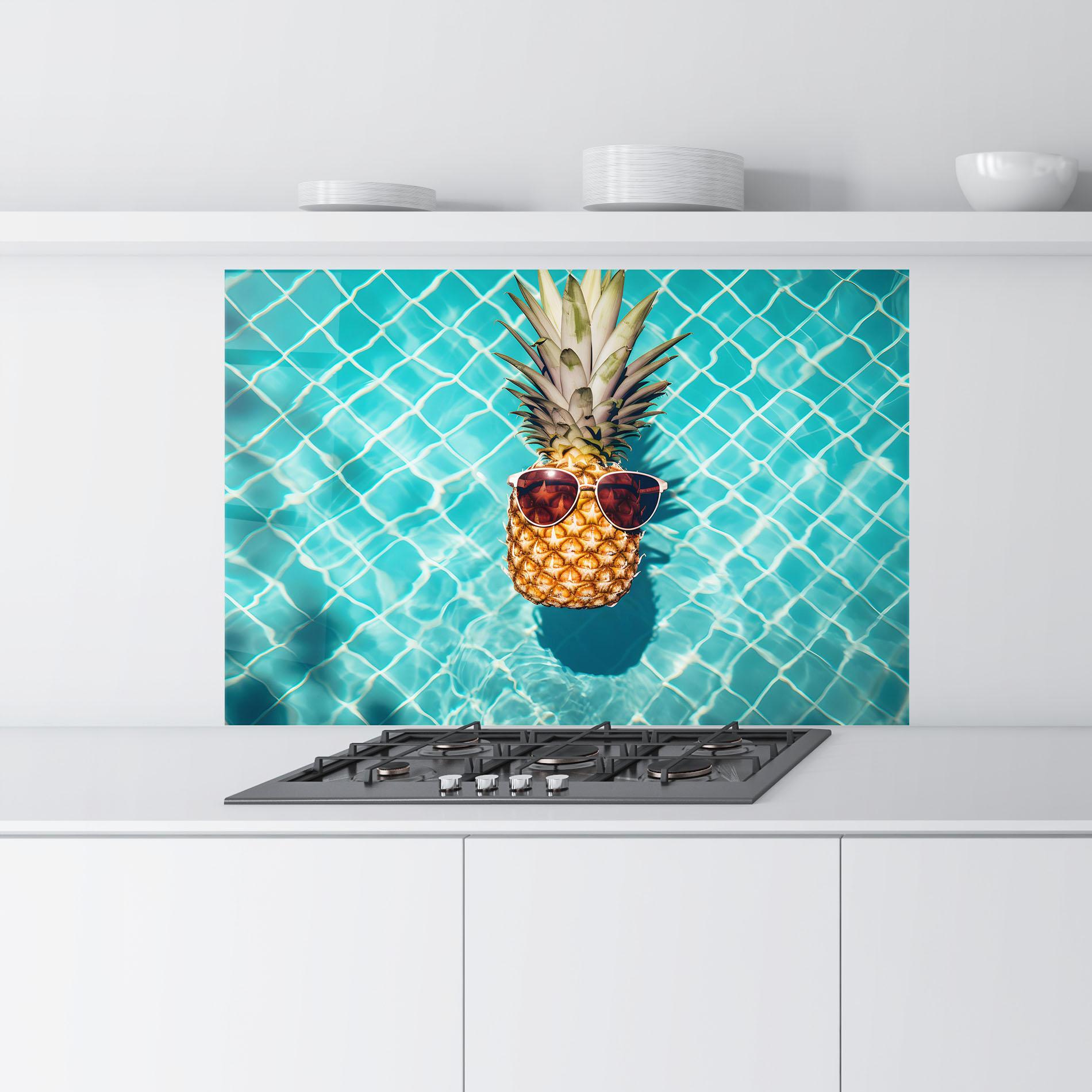 Стъклен панел за кухня Pineapple In Pool mockup 9
