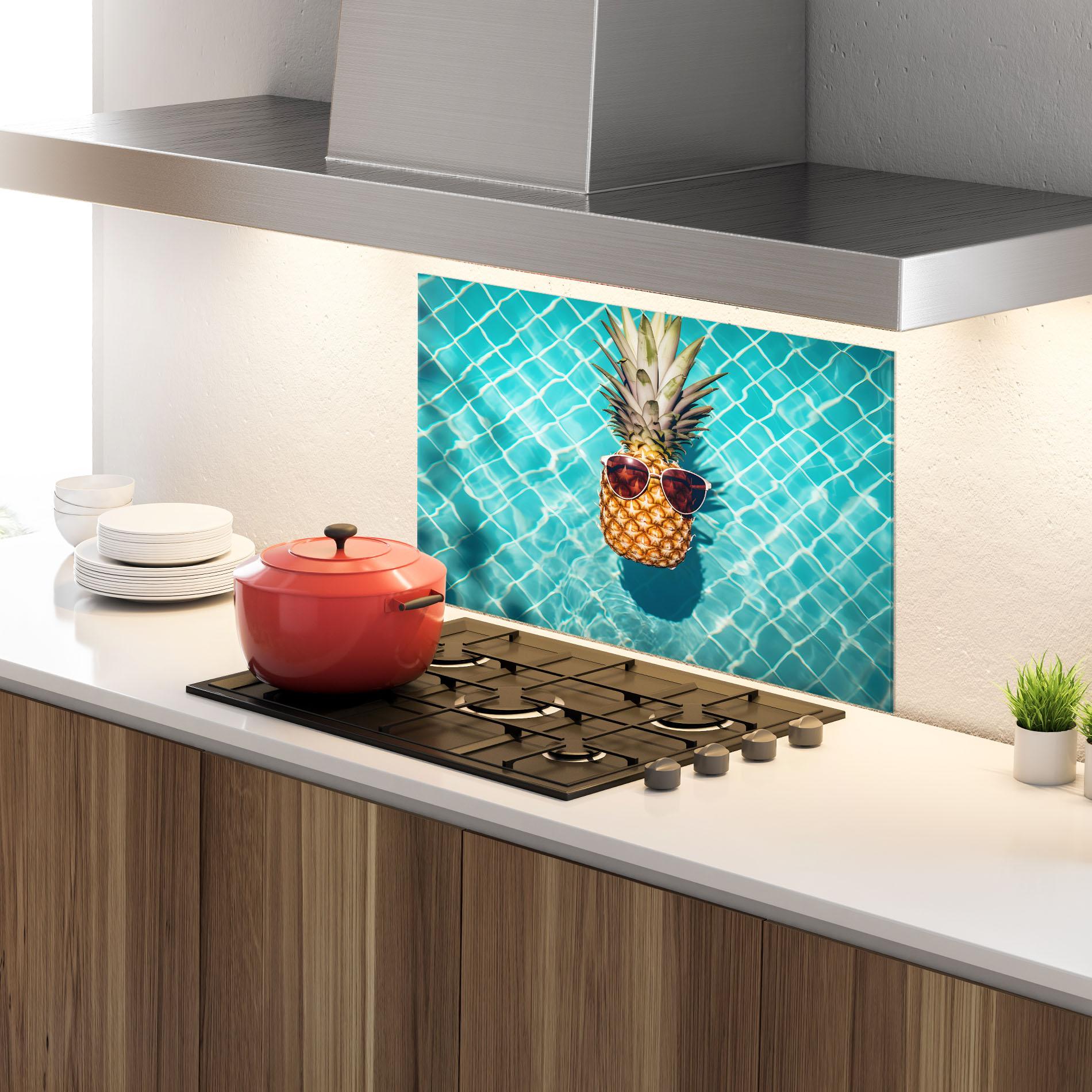 Стъклен панел за кухня Pineapple In Pool mockup 4