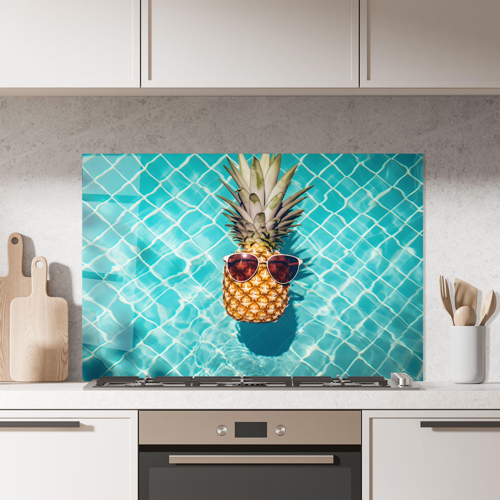 Стъклен панел за кухня Pineapple In Pool mockup 7