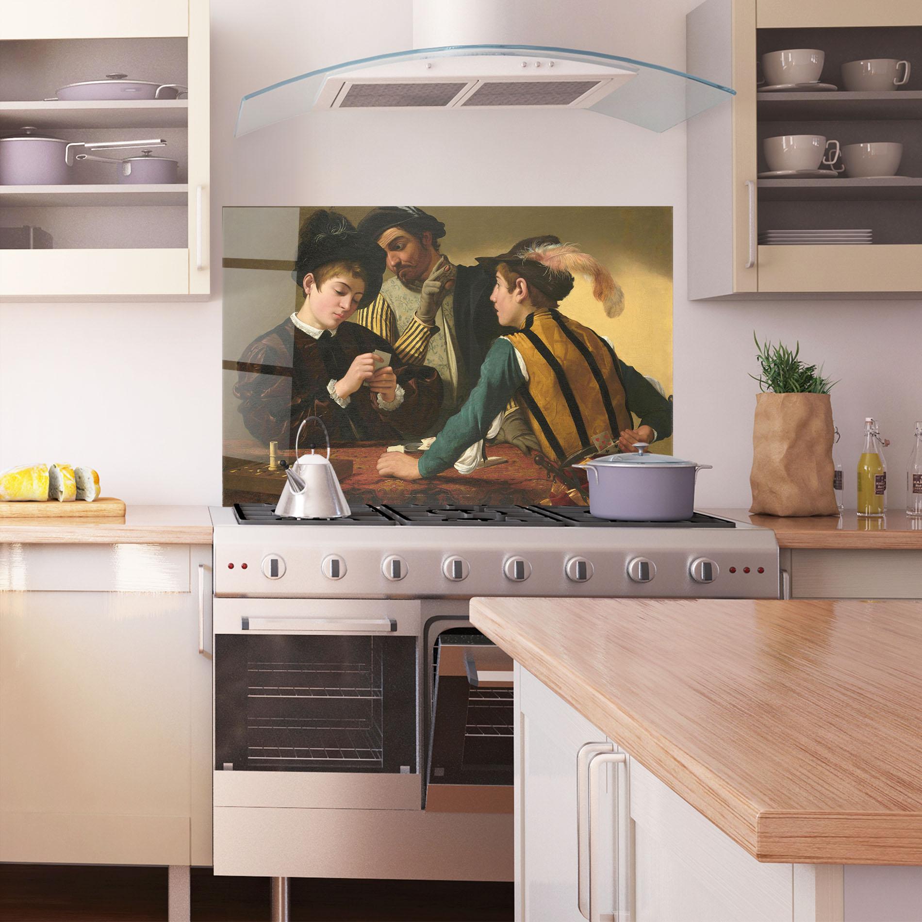 Стъклен панел за кухня Caravaggio The Cardsharps mockup 1