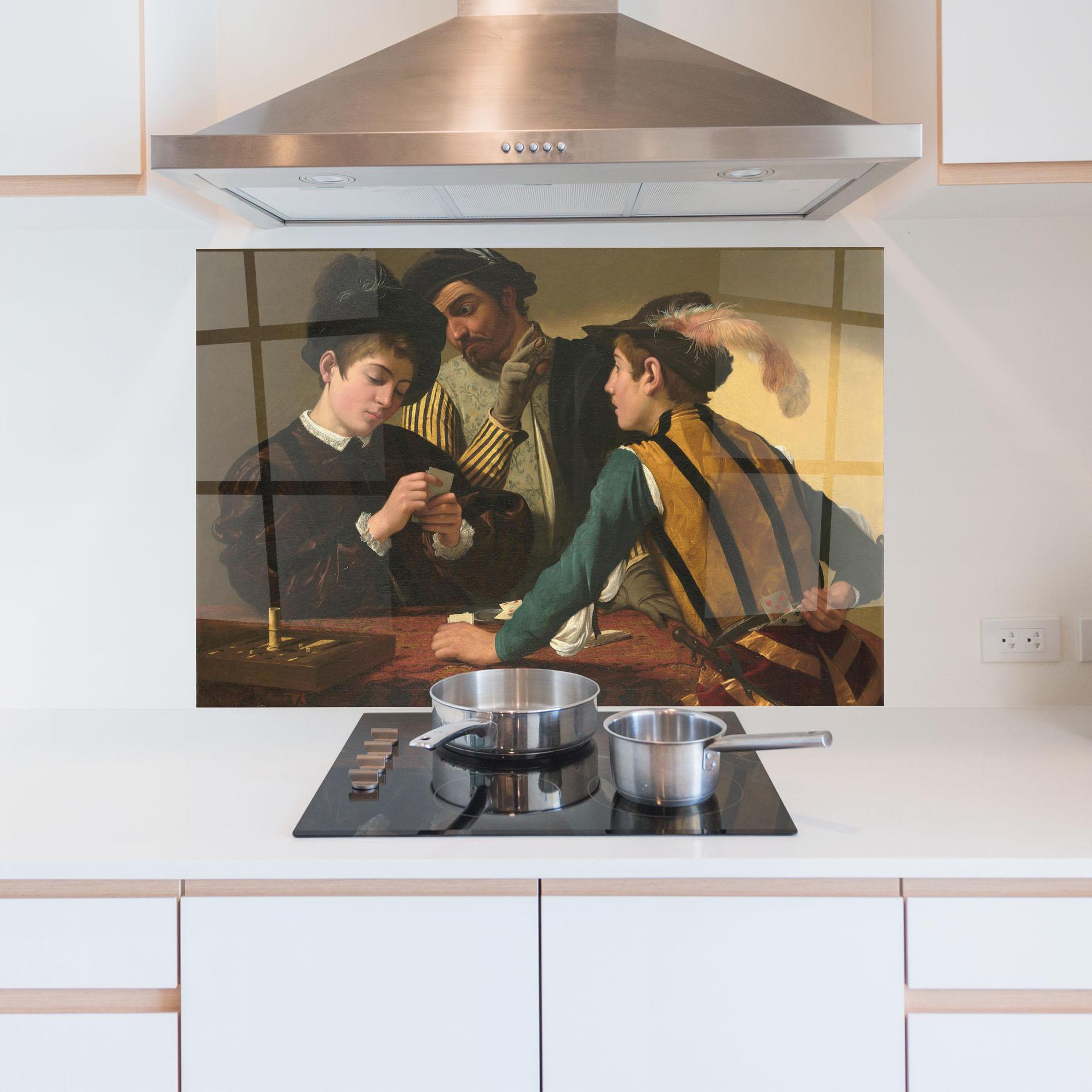 Стъклен панел за кухня Caravaggio The Cardsharps mockup 5