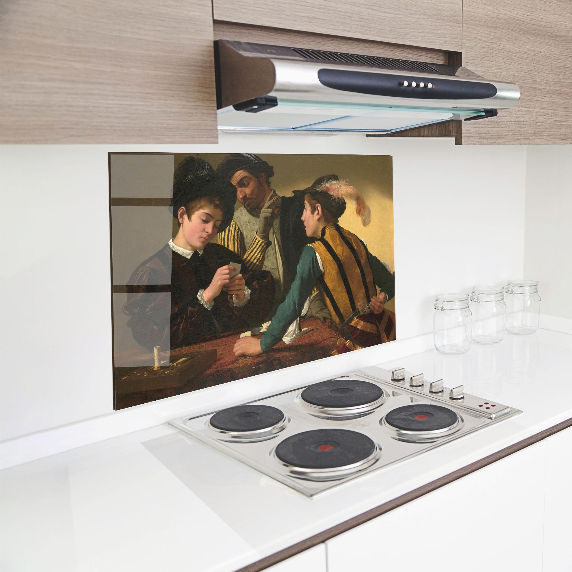 Стъклен панел за кухня Caravaggio The Cardsharps mockup 8