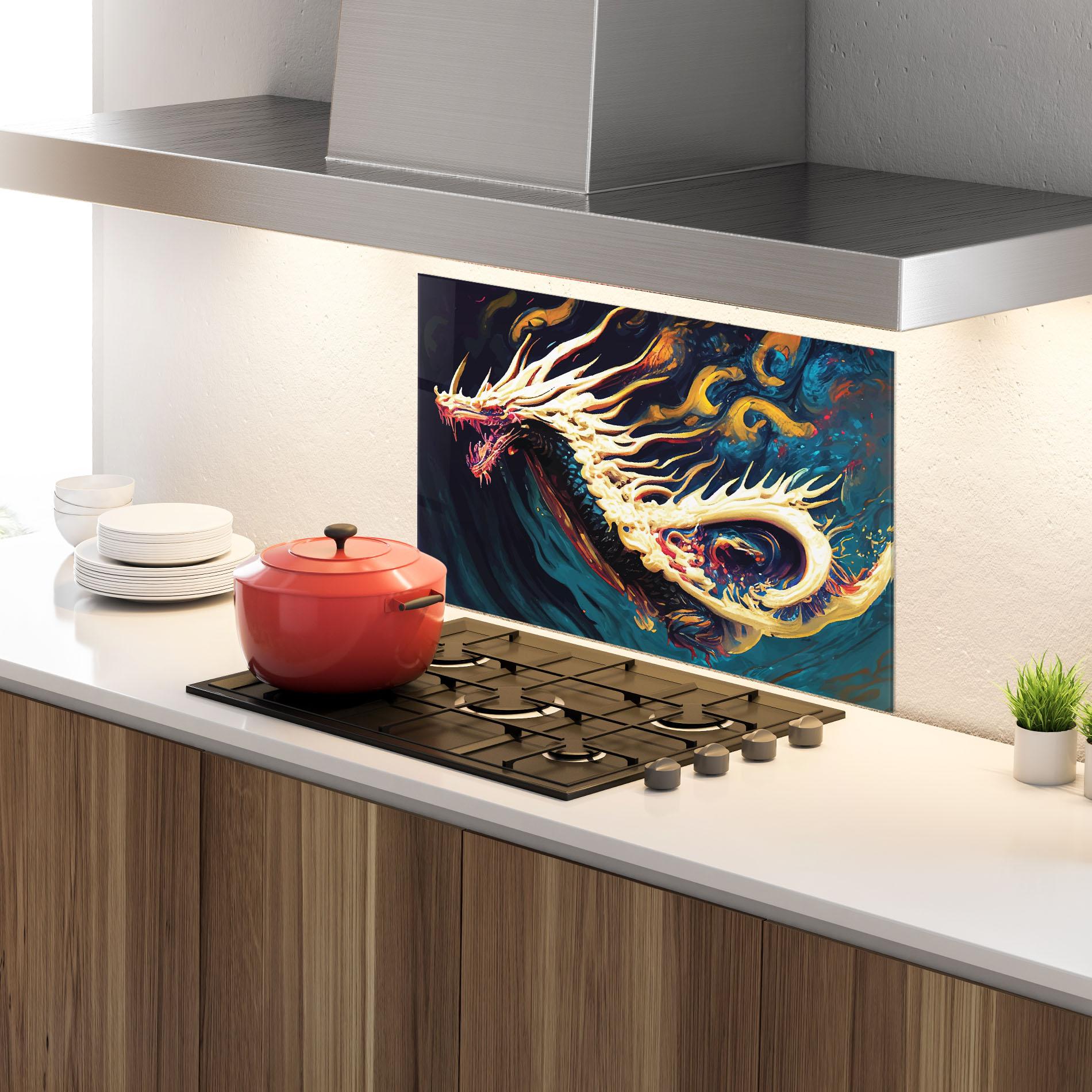 Стъклен панел за кухня Flying Acrylic Dragon mockup 4