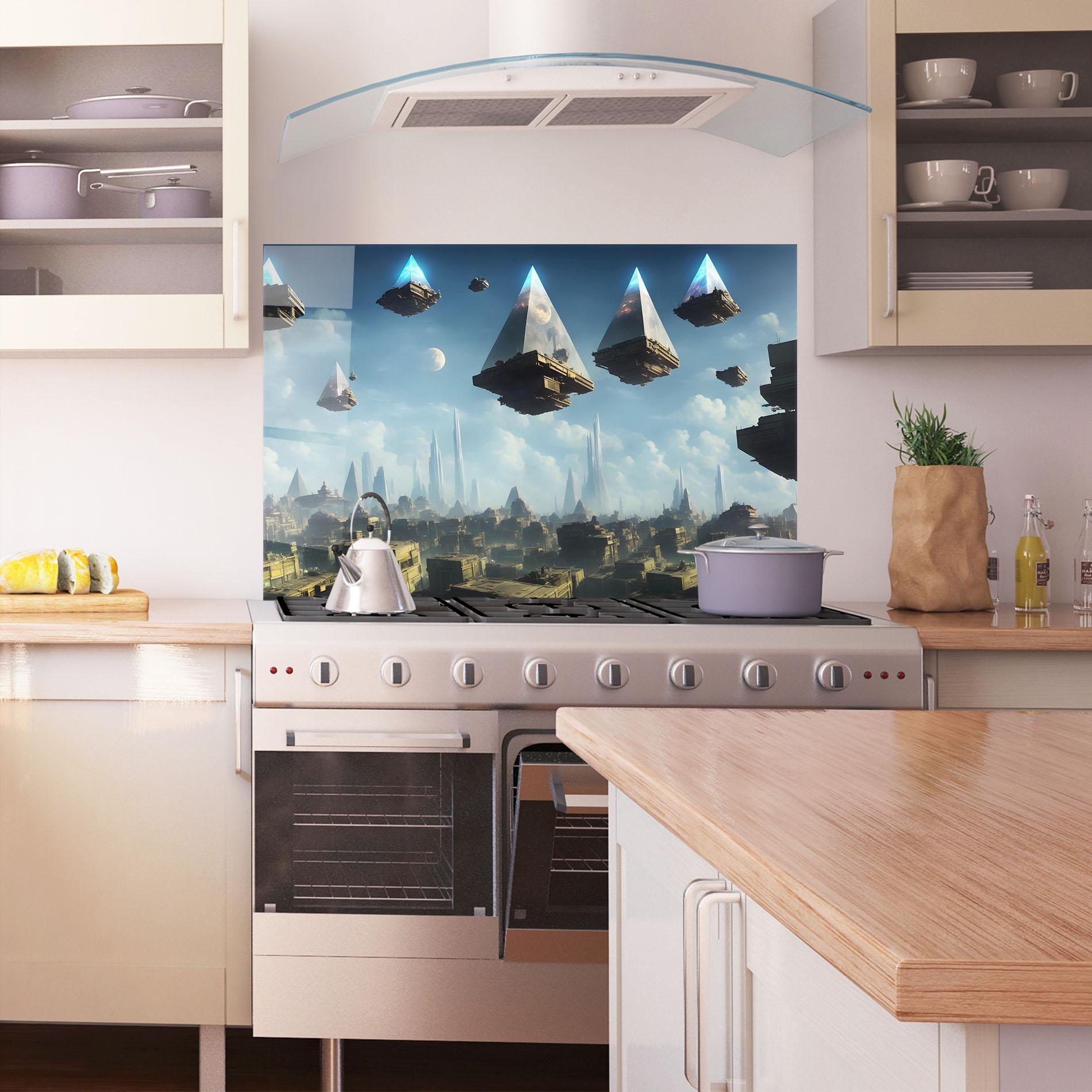 Стъклен панел за кухня Flying Piramids mockup 1