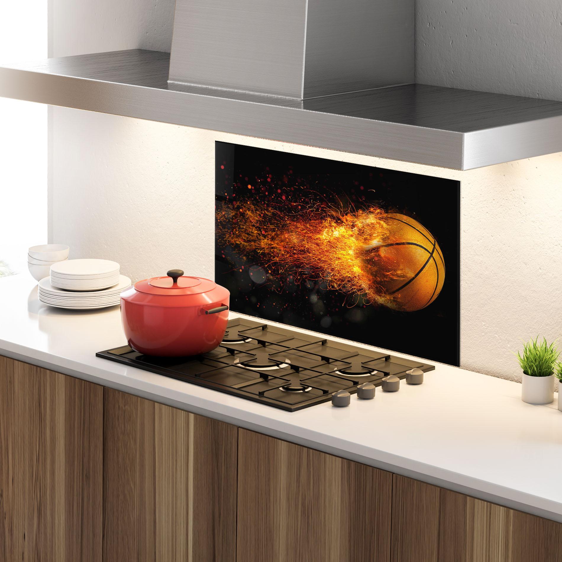 Стъклен панел за кухня Basket Ball Flame mockup 4