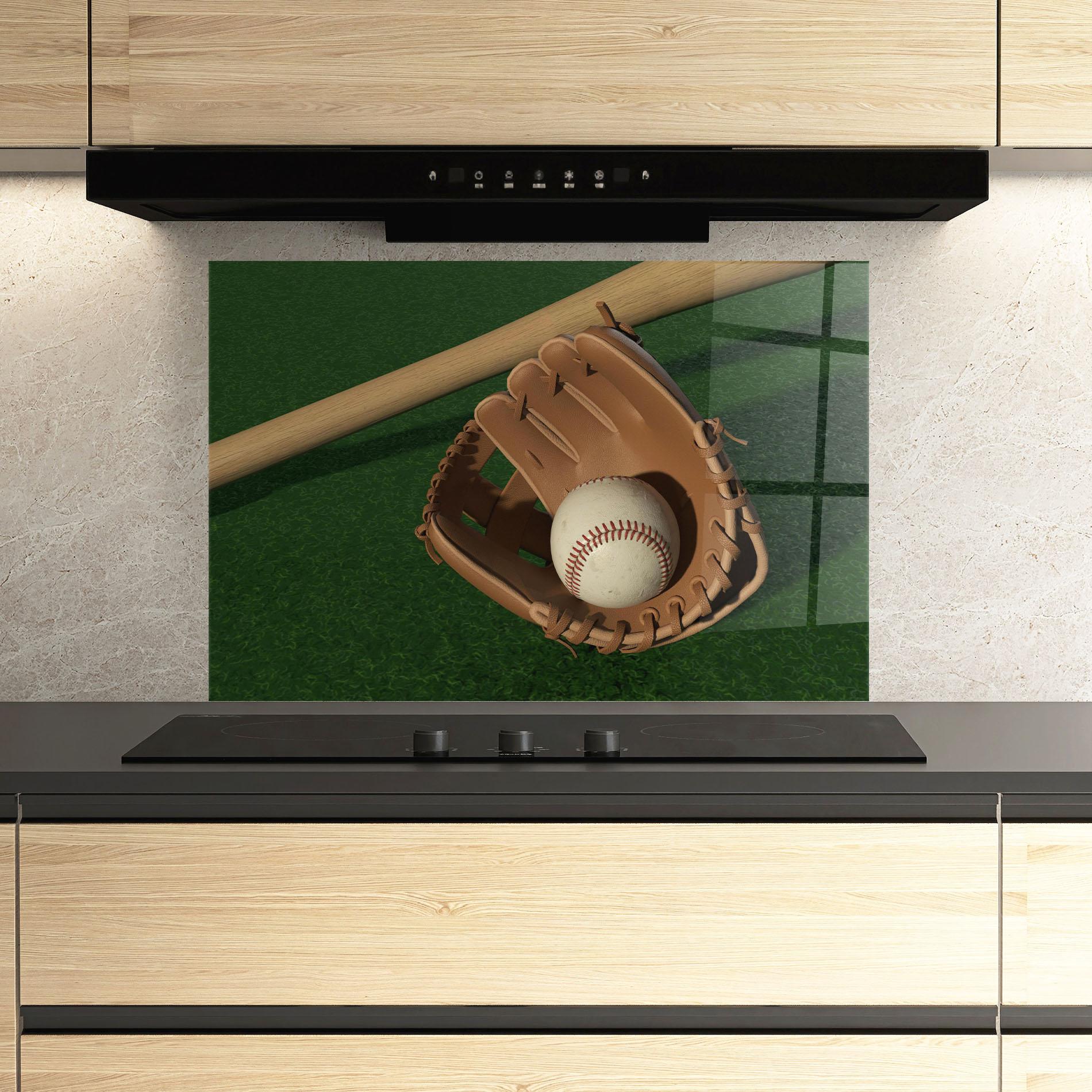 Стъклен панел за кухня Baseball Glove On Green mockup 3