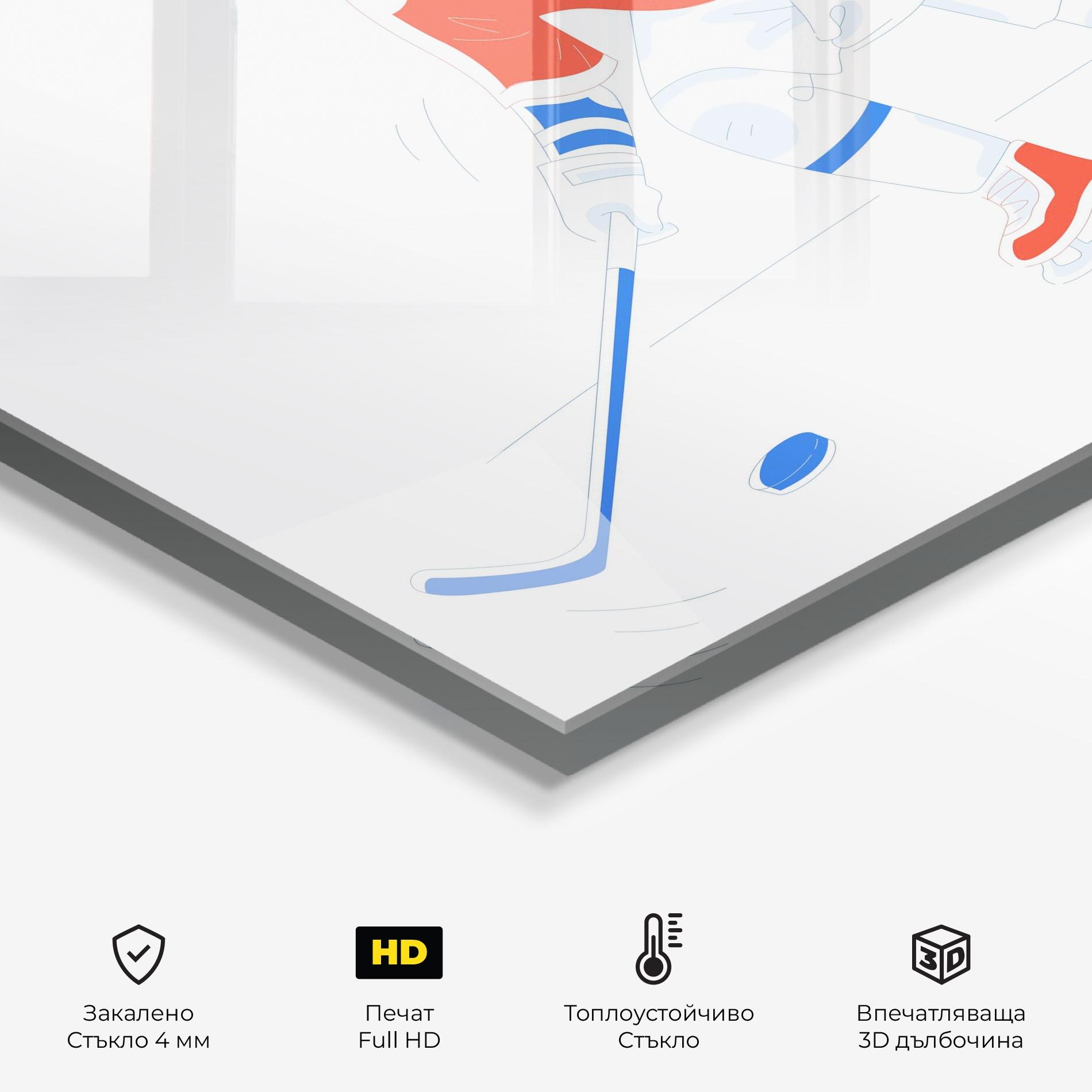 Стъклен панел за кухня Orange Blue Hockey mockup 2