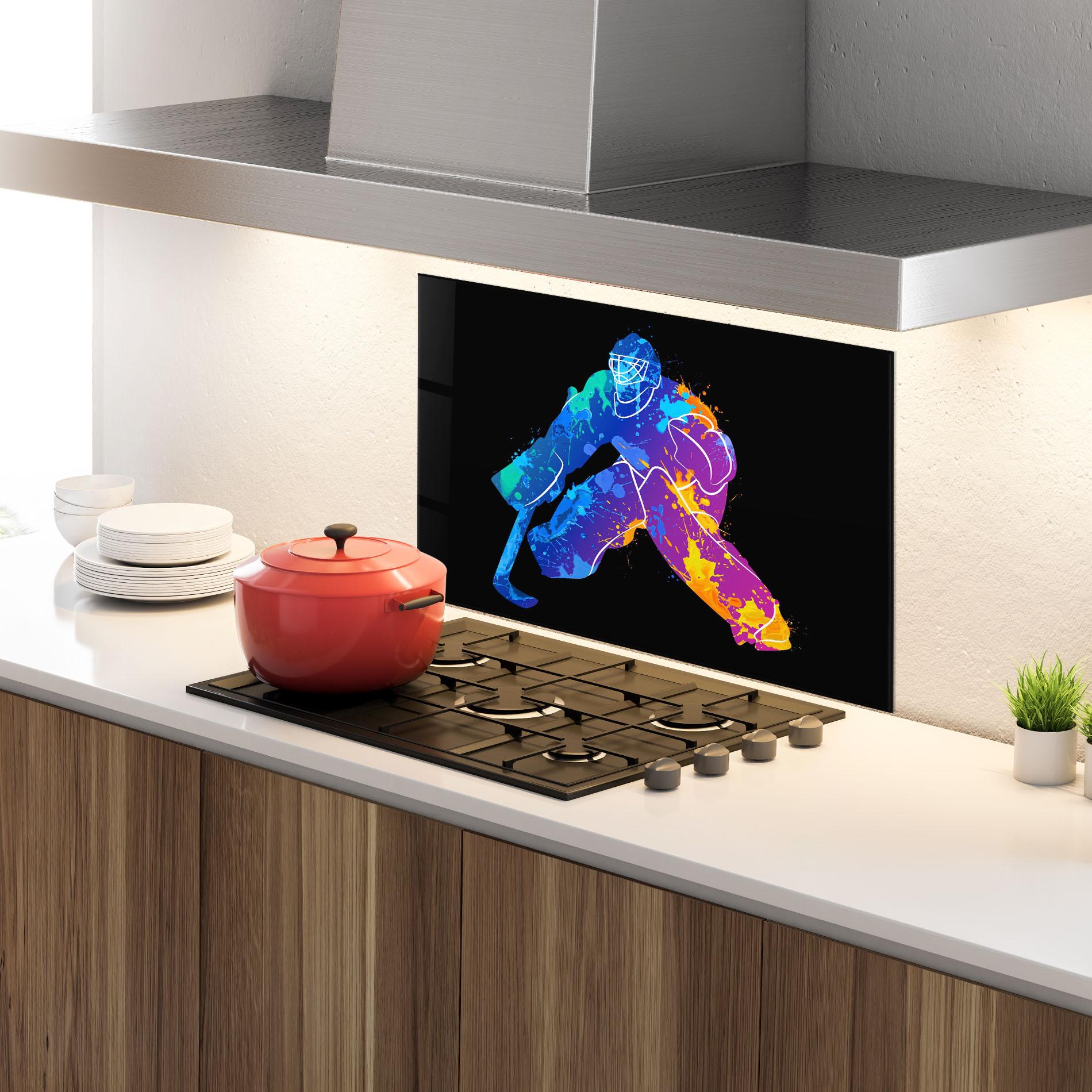 Стъклен панел за кухня Blue Purple Hockey mockup 4