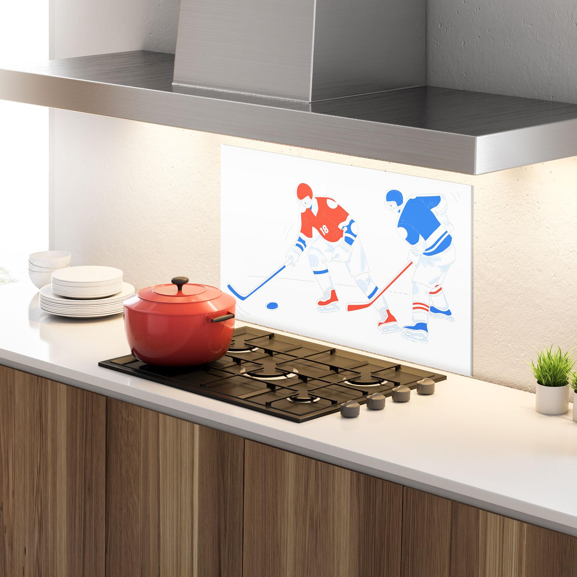 Стъклен панел за кухня Orange Blue Hockey mockup 4