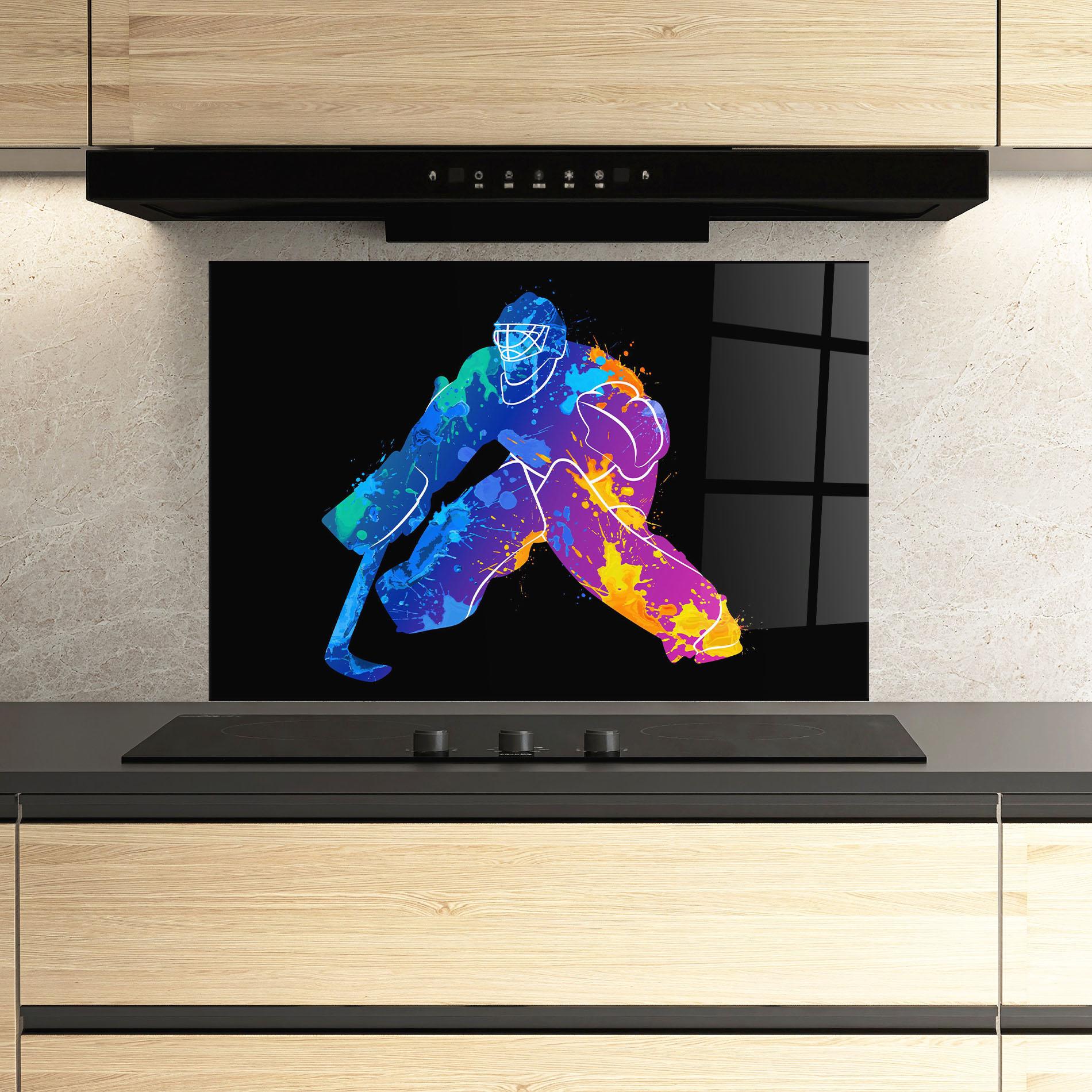 Стъклен панел за кухня Blue Purple Hockey mockup 3